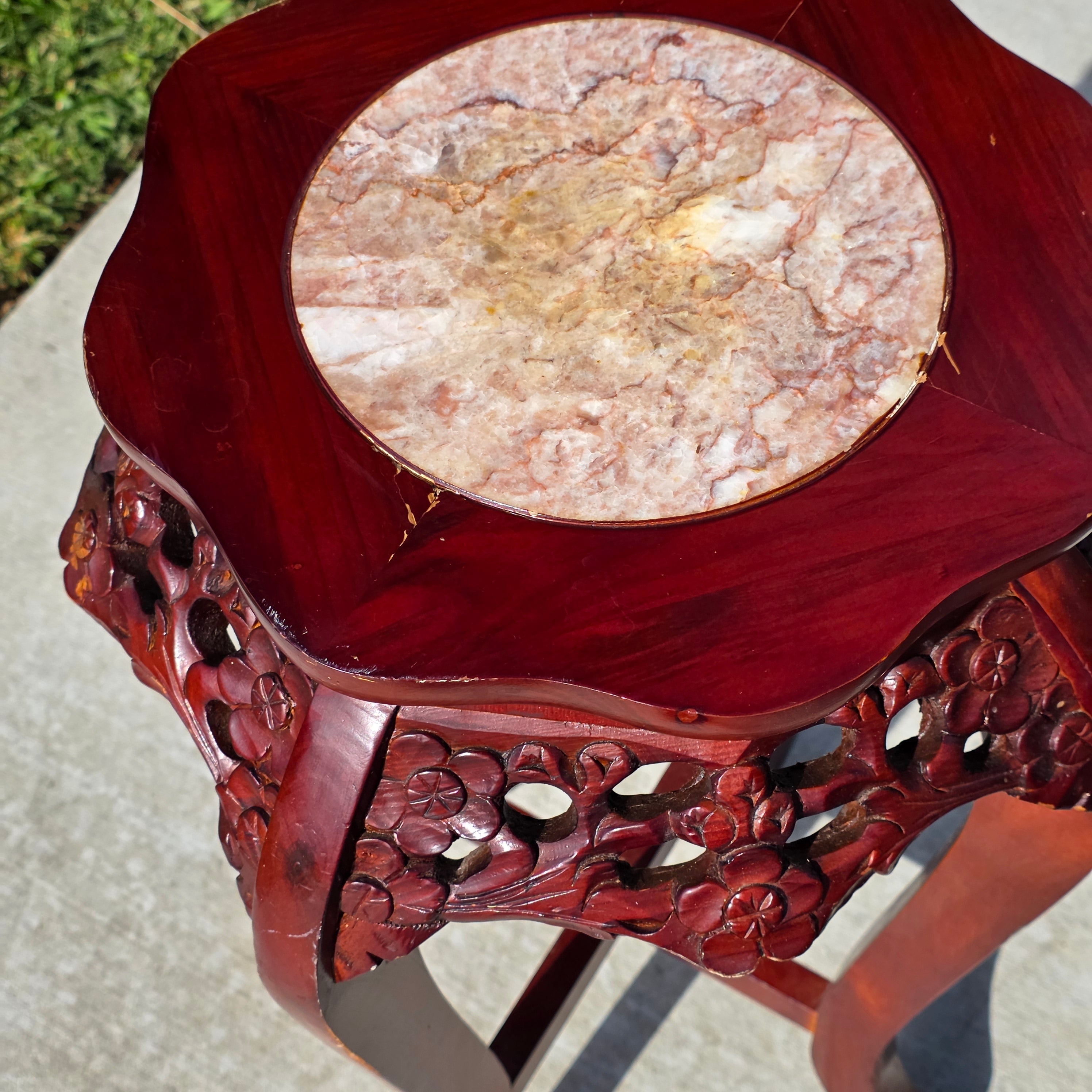Vintage Chinese Marble Top Plant Stand - Carved Wood Pedestal with Flower Relief