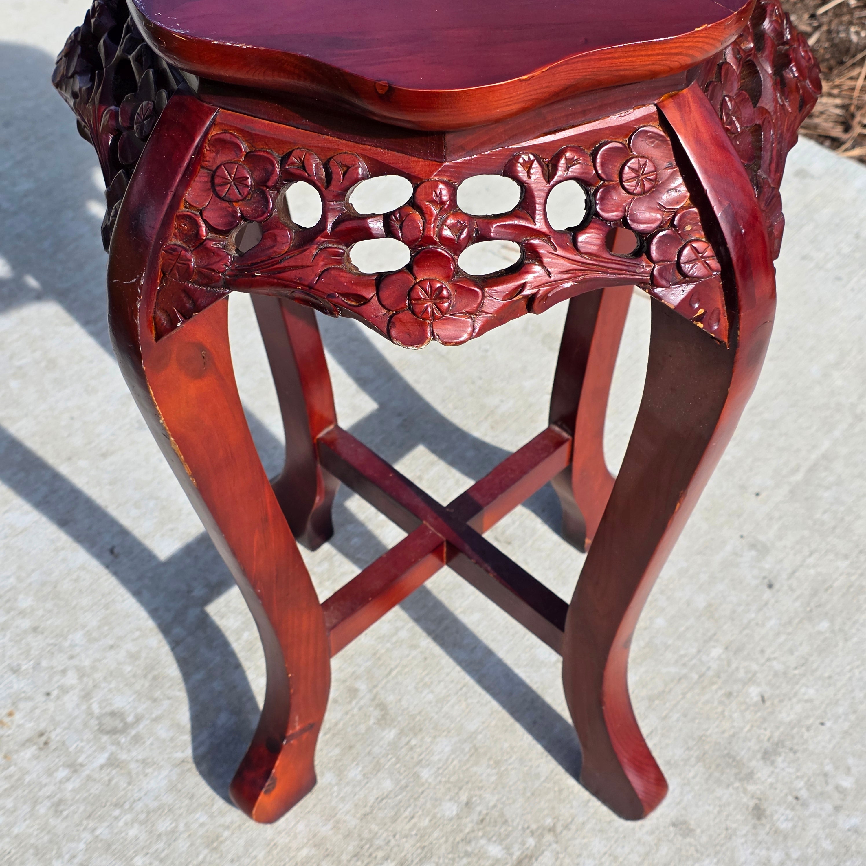 Vintage Chinese Marble Top Plant Stand - Carved Wood Pedestal with Flower Relief