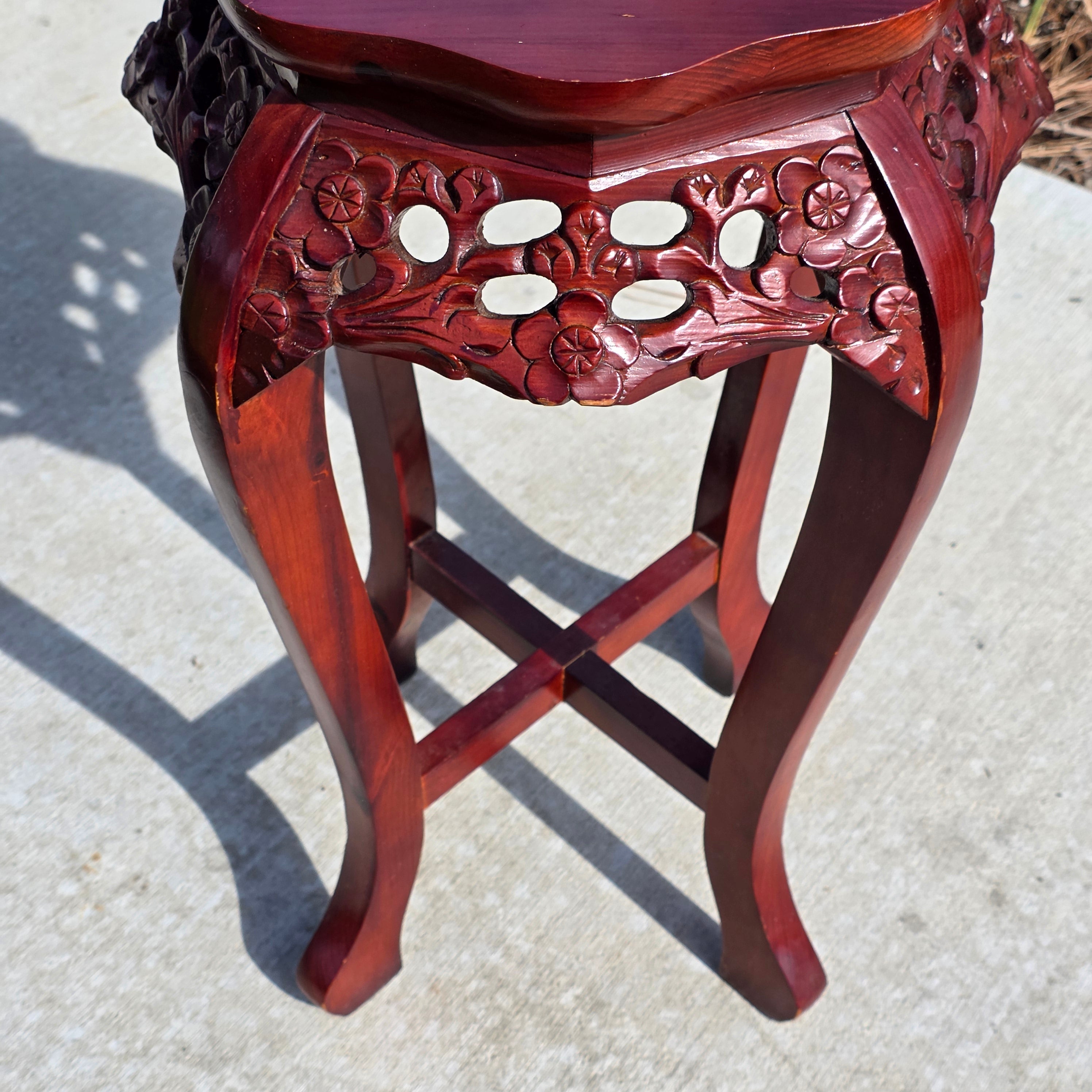 Vintage Chinese Marble Top Plant Stand - Carved Wood Pedestal with Flower Relief