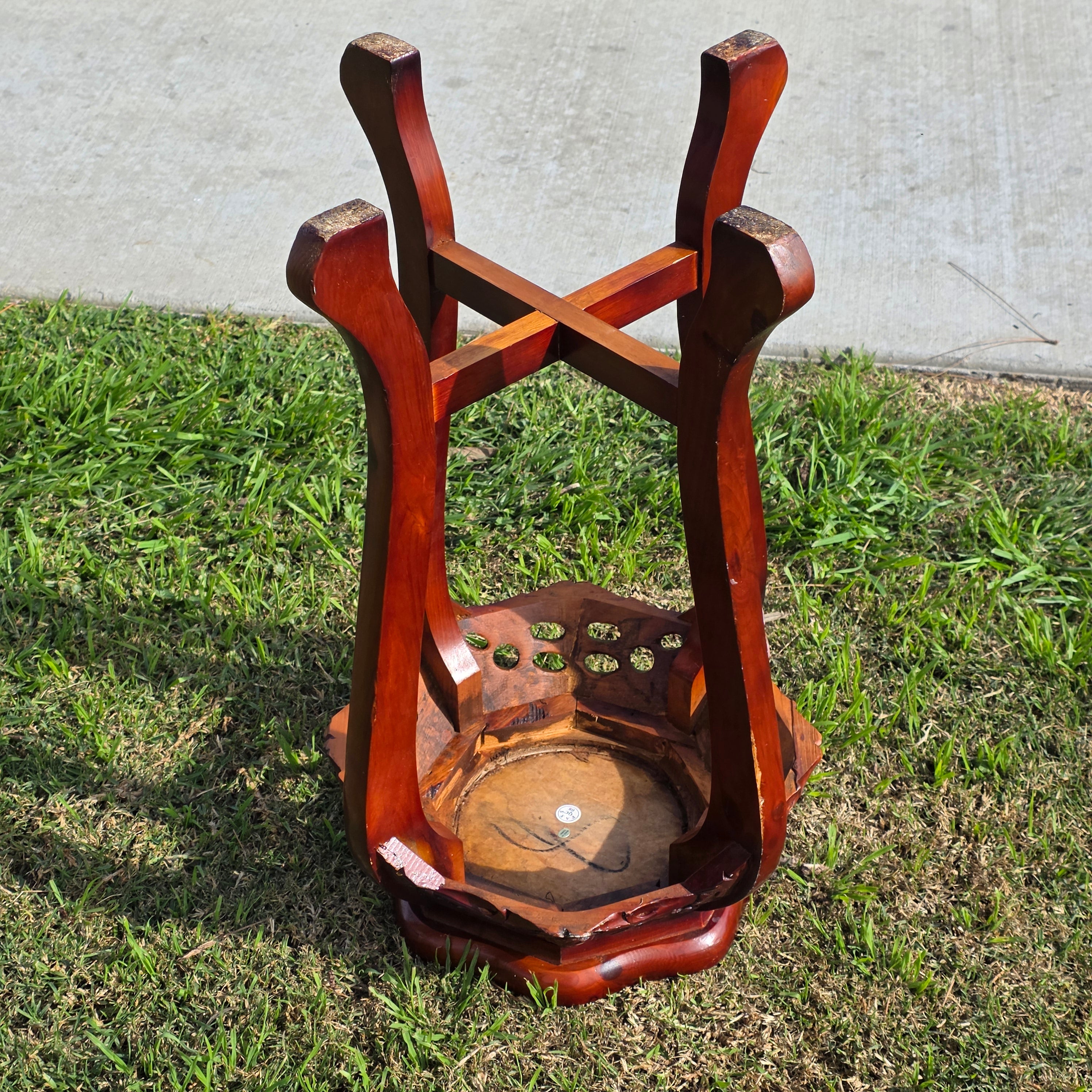 Vintage Chinese Marble Top Plant Stand - Carved Wood Pedestal with Flower Relief