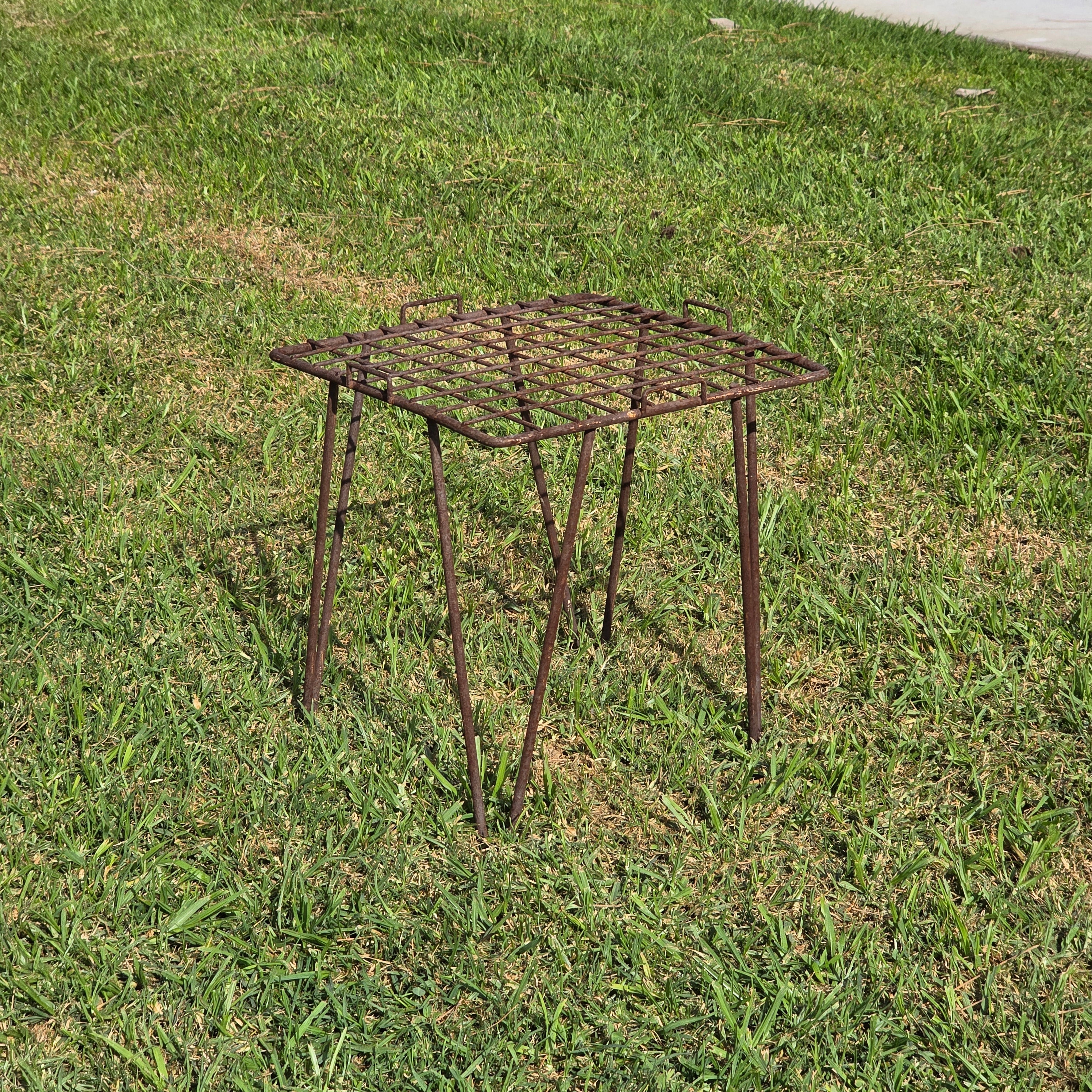 Vintage Industrial Wrought Iron Plant Stand / Mid-Century Wire Mesh Side Table