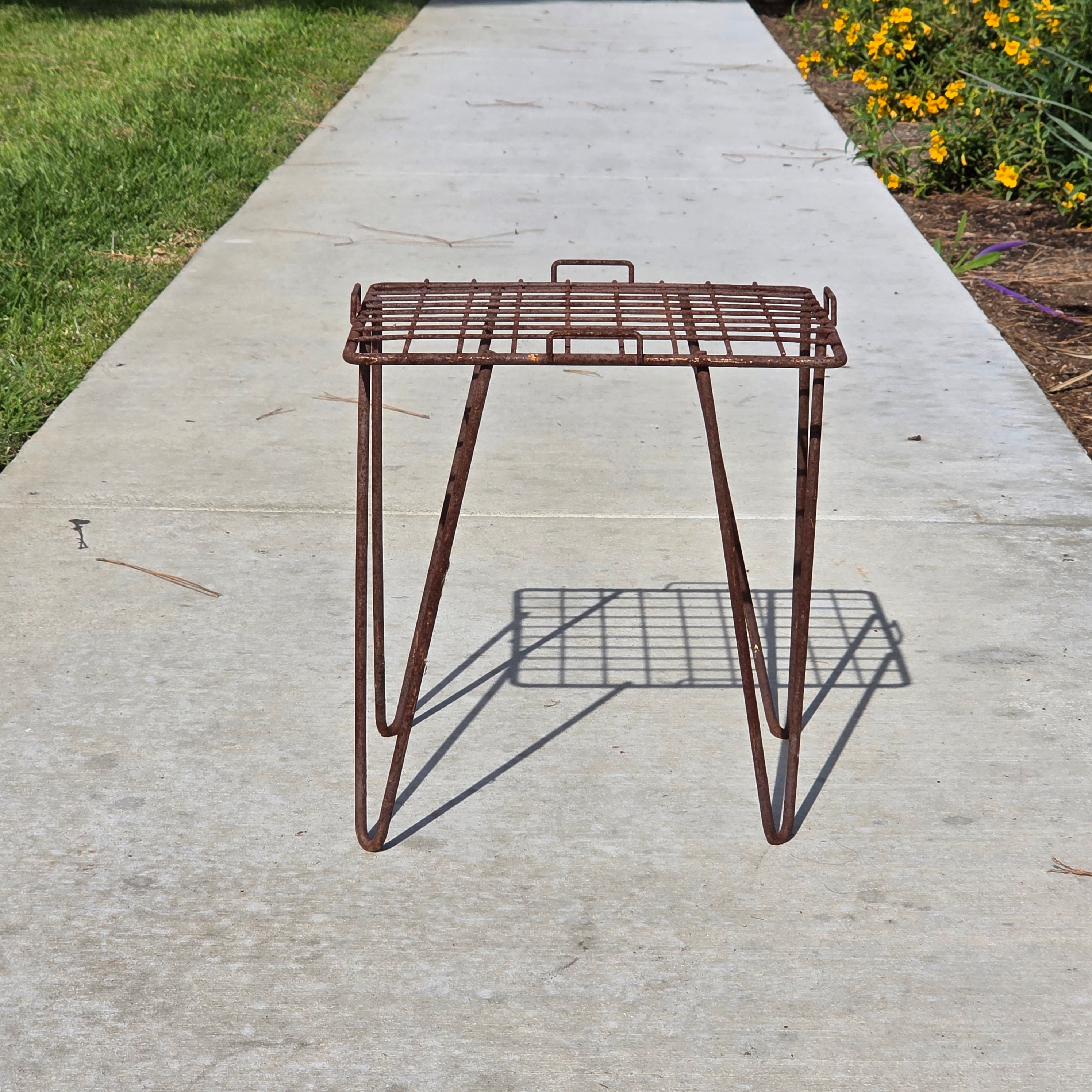 Vintage Industrial Wrought Iron Plant Stand / Mid-Century Wire Mesh Side Table