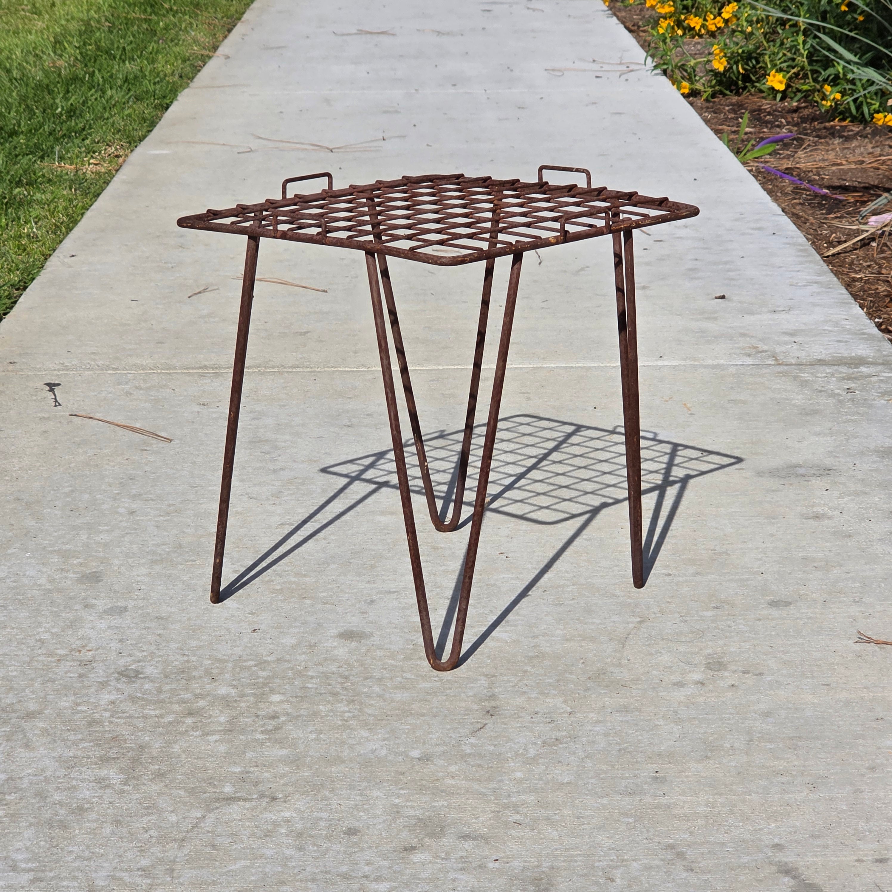 Vintage Industrial Wrought Iron Plant Stand / Mid-Century Wire Mesh Side Table