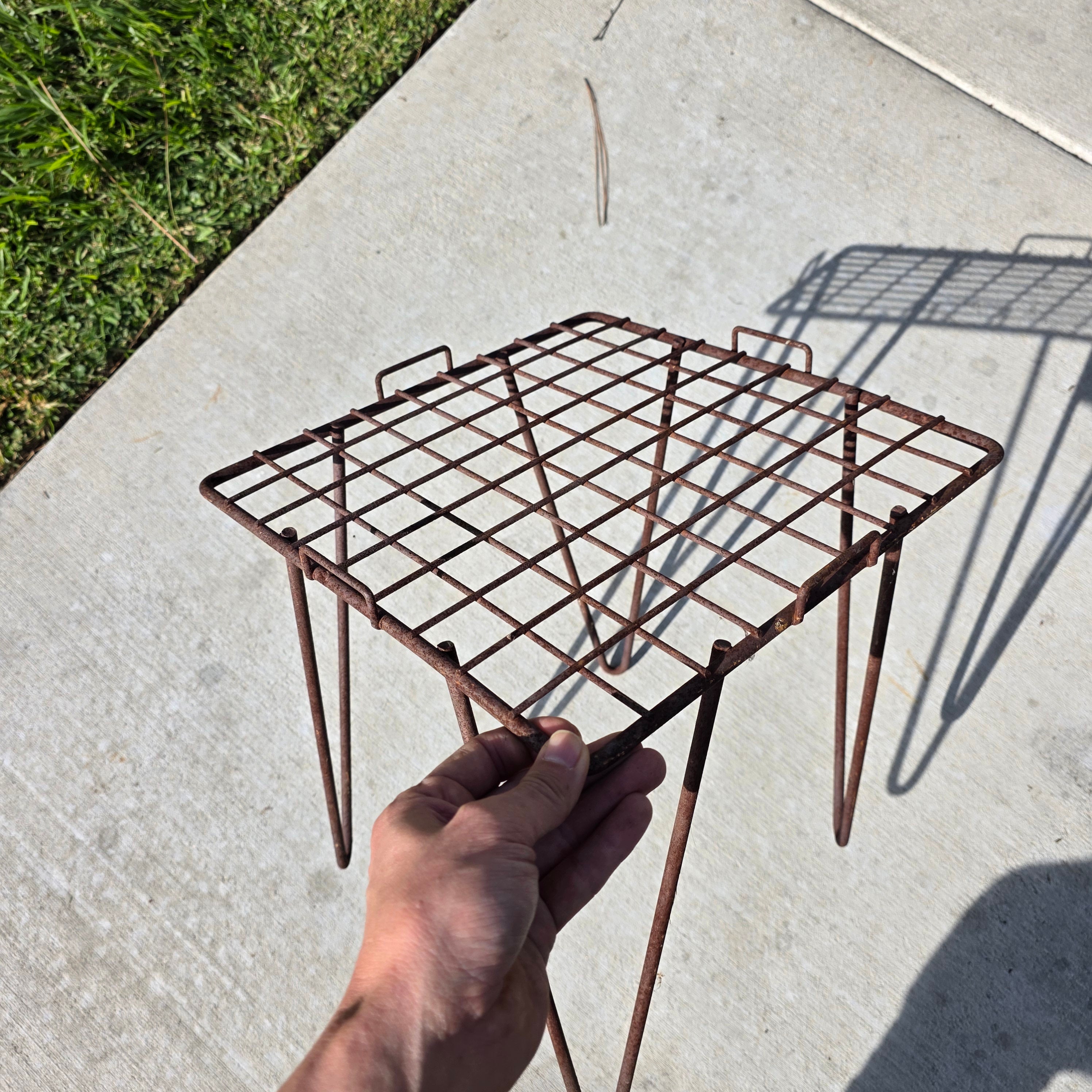 Vintage Industrial Wrought Iron Plant Stand / Mid-Century Wire Mesh Side Table
