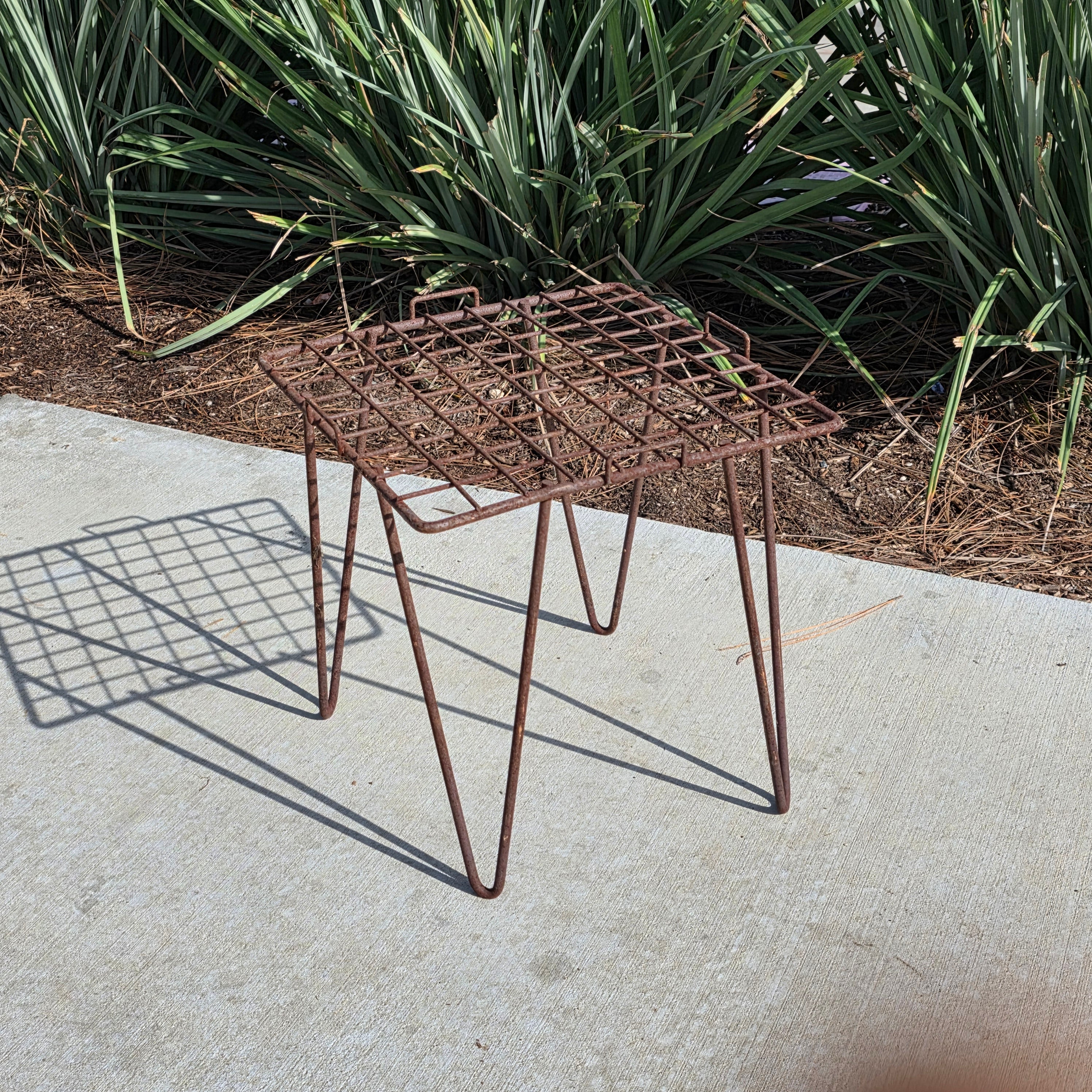Vintage Industrial Wrought Iron Plant Stand / Mid-Century Wire Mesh Side Table