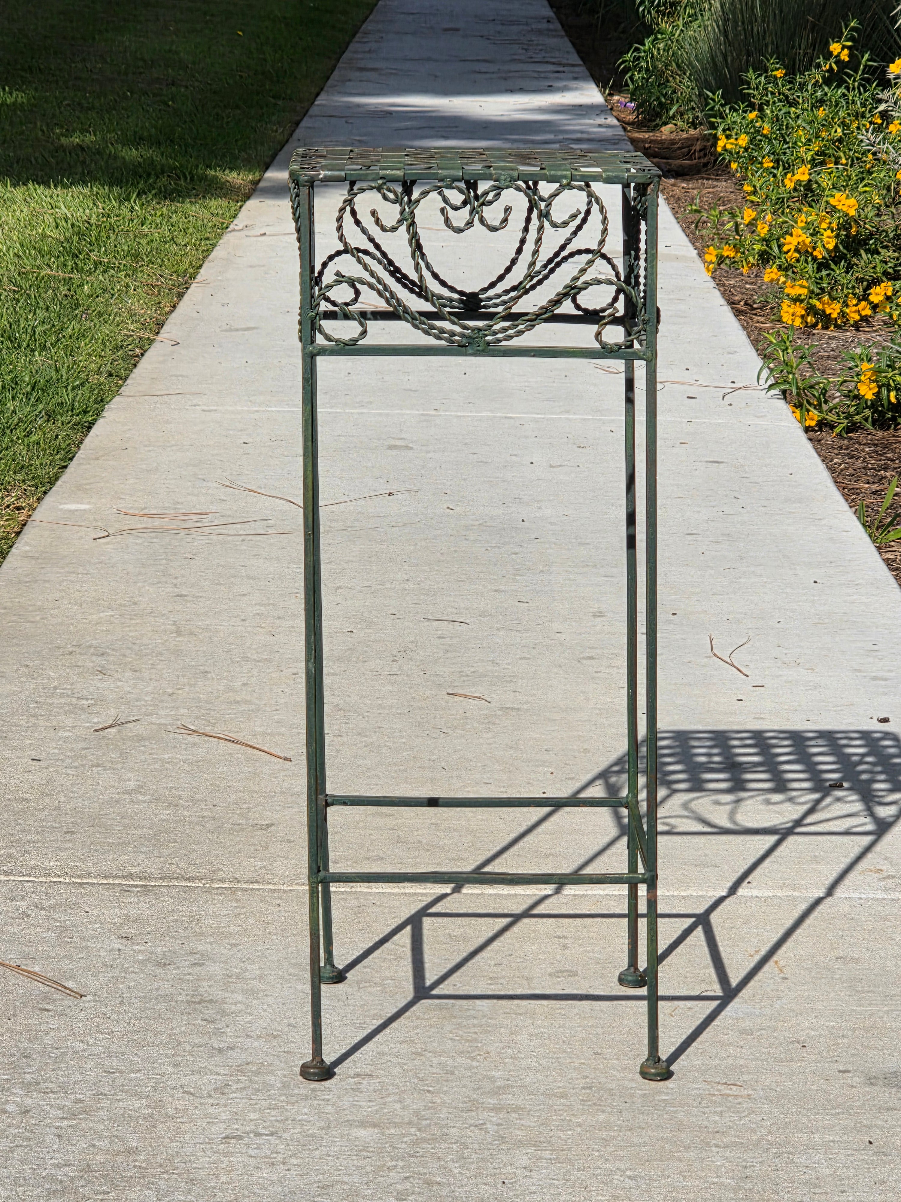 Vintage French Country Woven Metal Top Iron Plant Stand - Sage Green