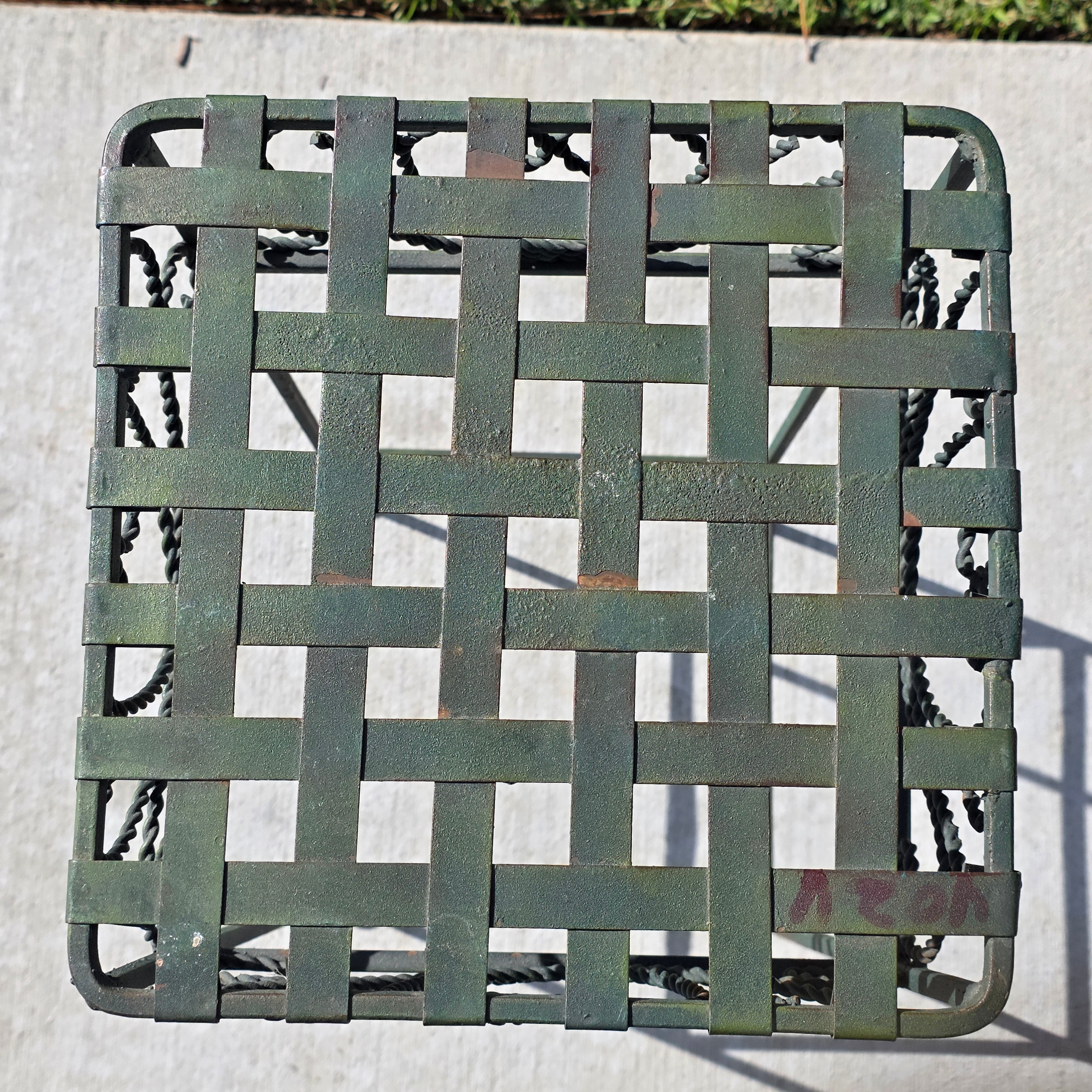Vintage French Country Woven Metal Top Iron Plant Stand - Sage Green