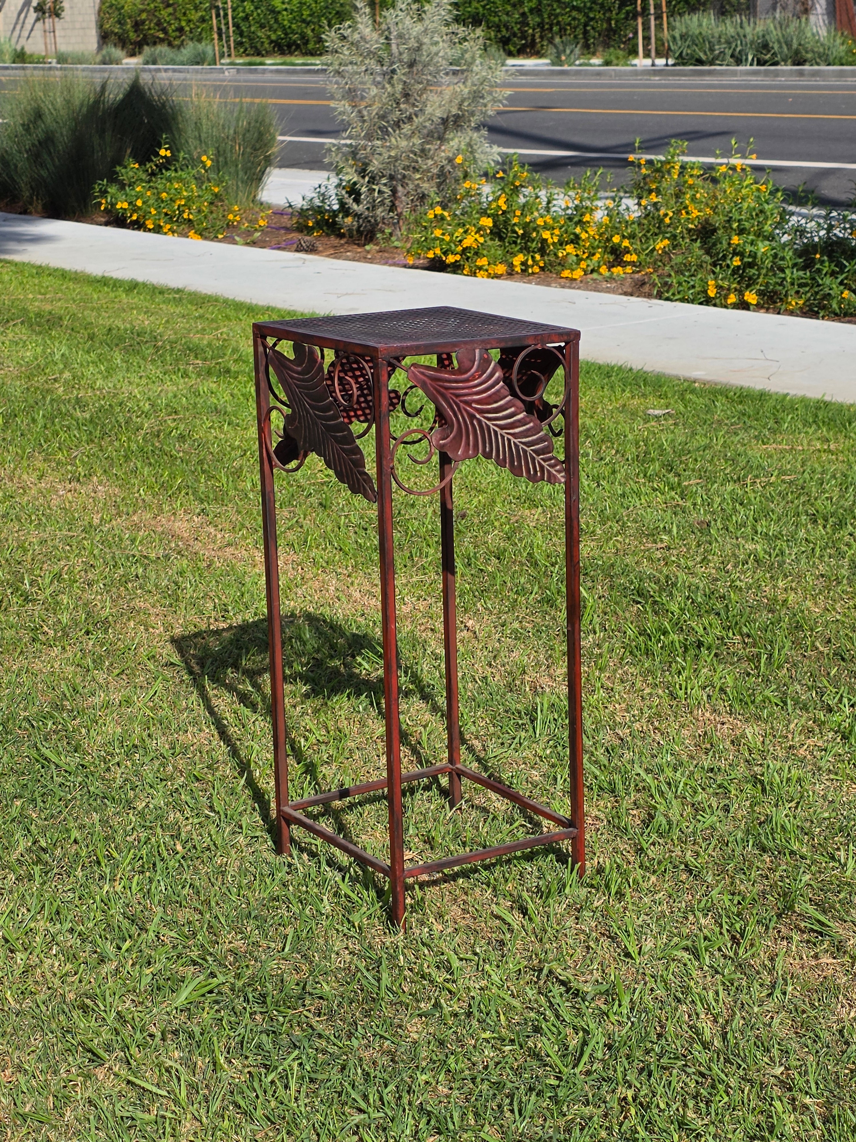 Vintage French Country Burgundy Iron Plant Stand with Large Leaf Accents