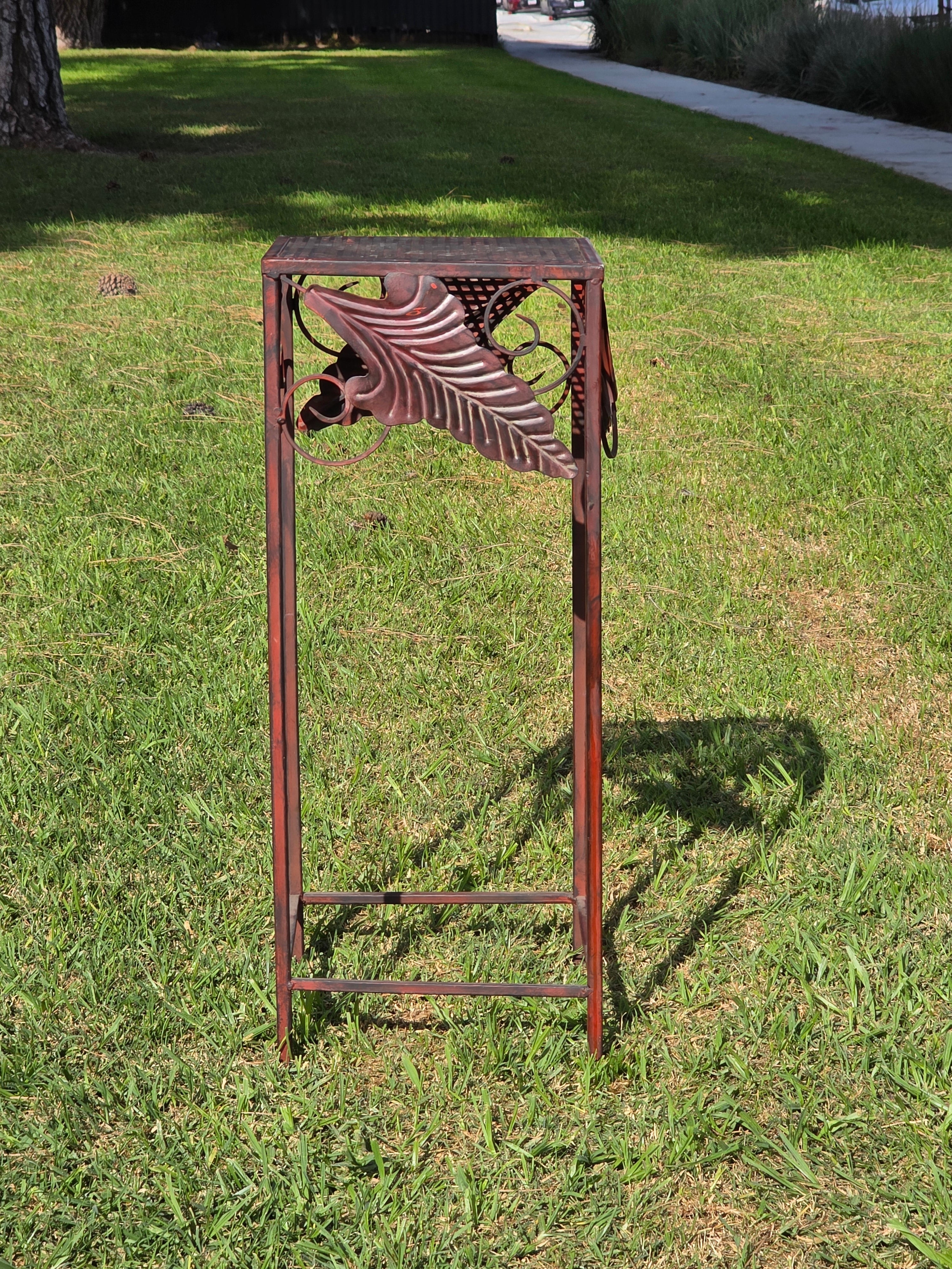 Vintage French Country Burgundy Iron Plant Stand with Large Leaf Accents