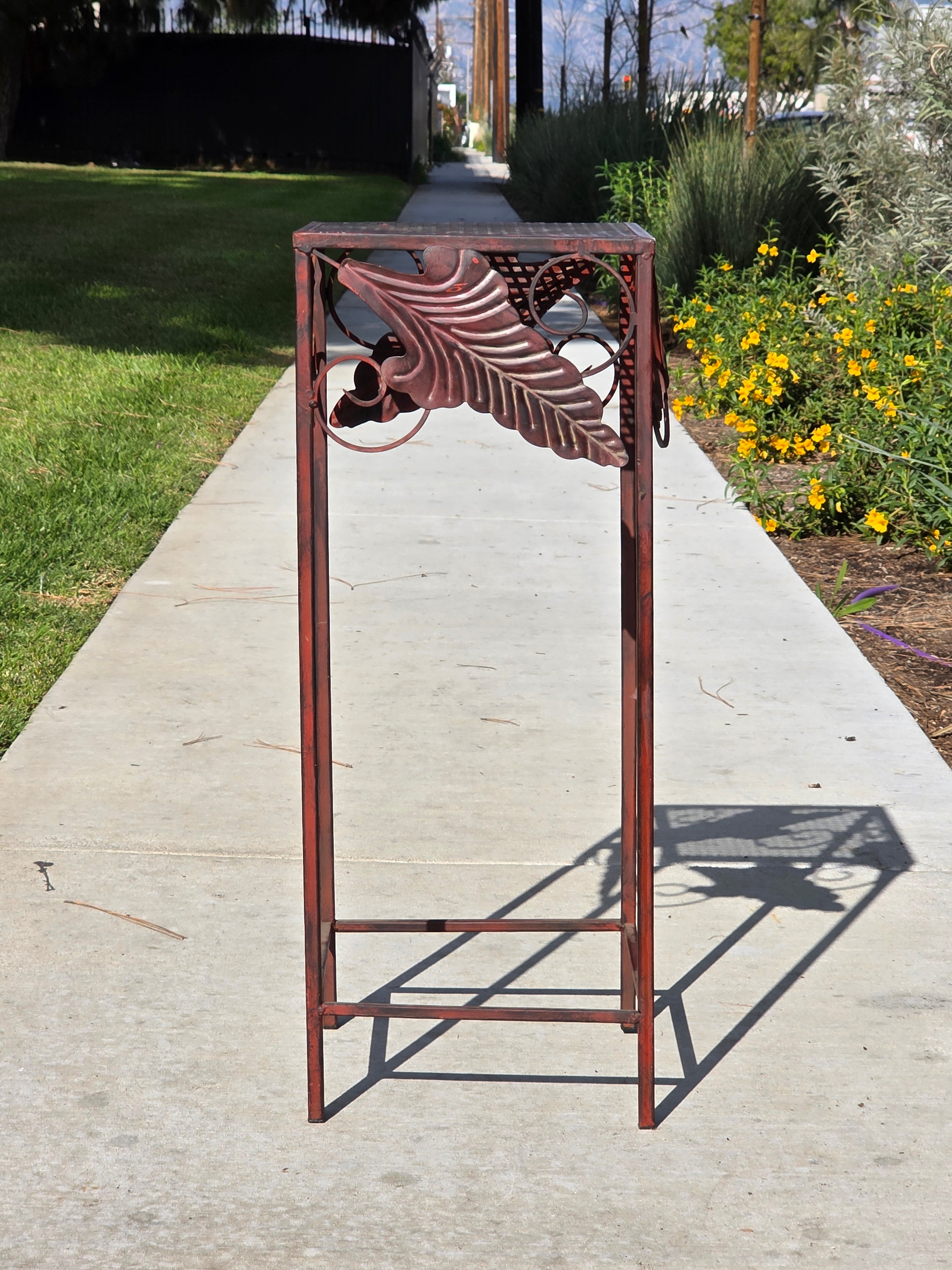 Vintage French Country Burgundy Iron Plant Stand with Large Leaf Accents