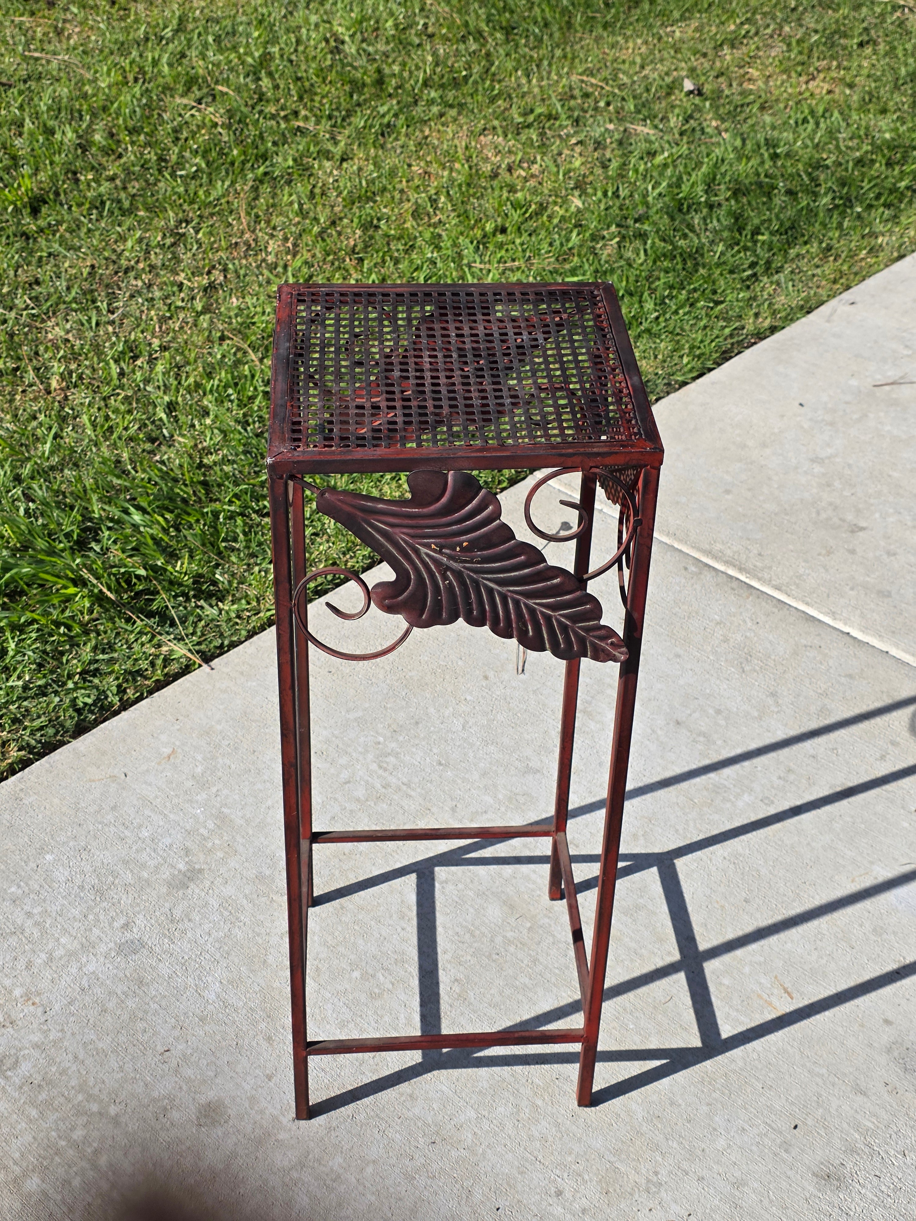Vintage French Country Burgundy Iron Plant Stand with Large Leaf Accents