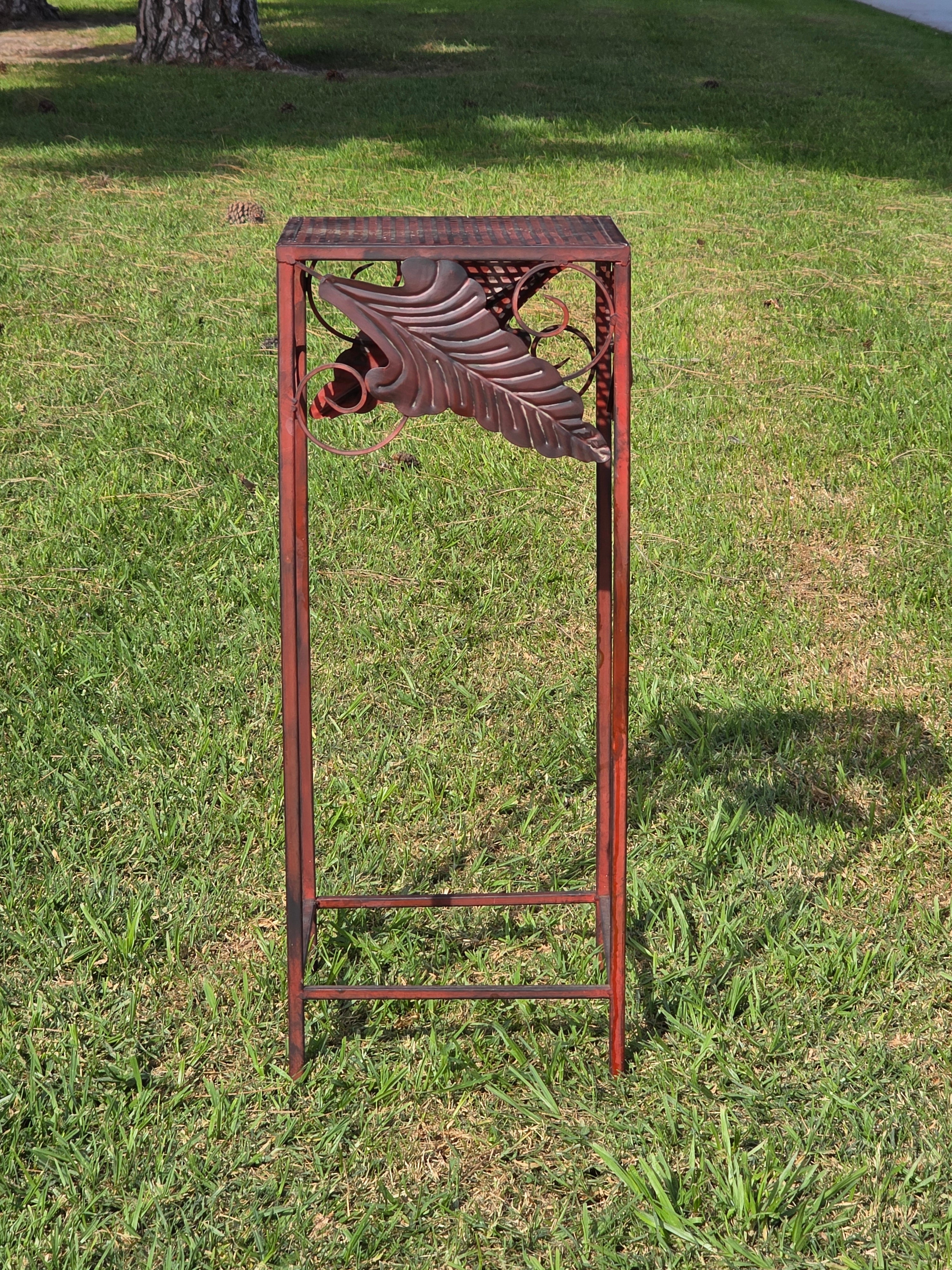 Vintage French Country Burgundy Iron Plant Stand with Large Leaf Accents