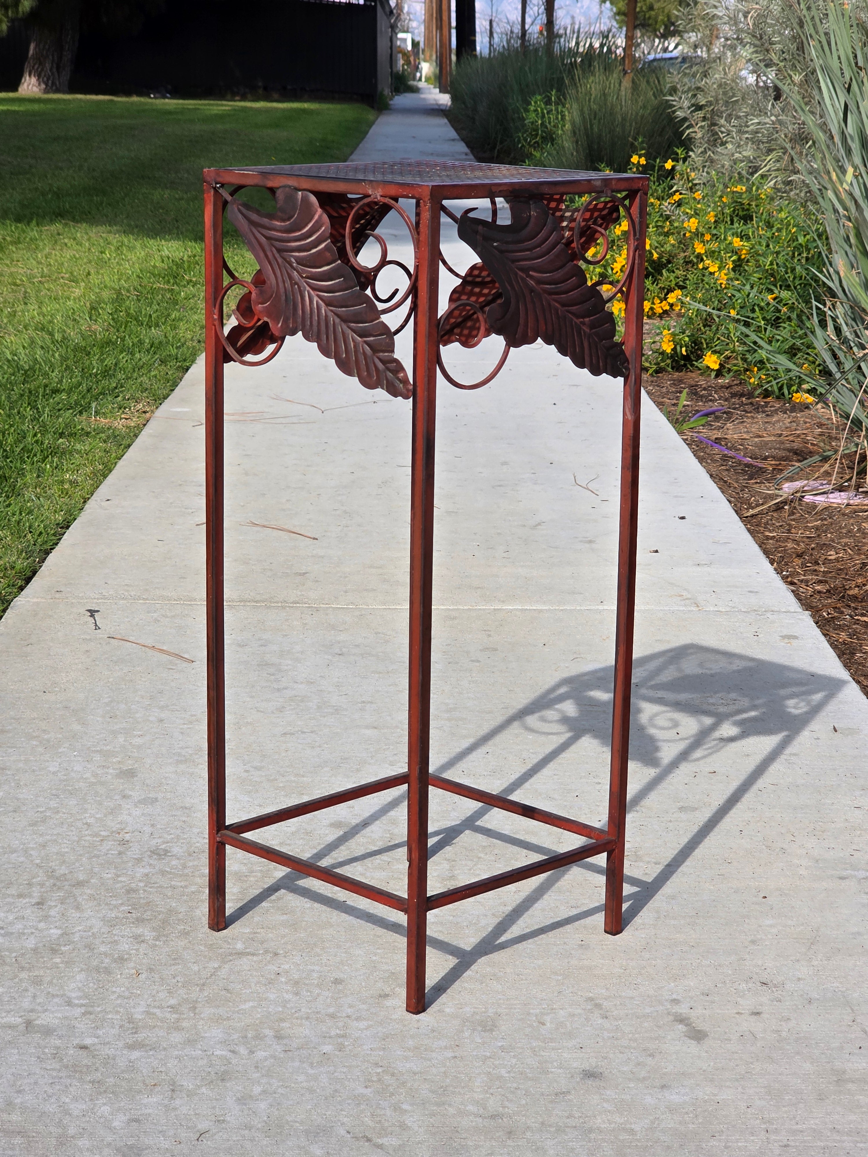 Vintage French Country Burgundy Iron Plant Stand with Large Leaf Accents