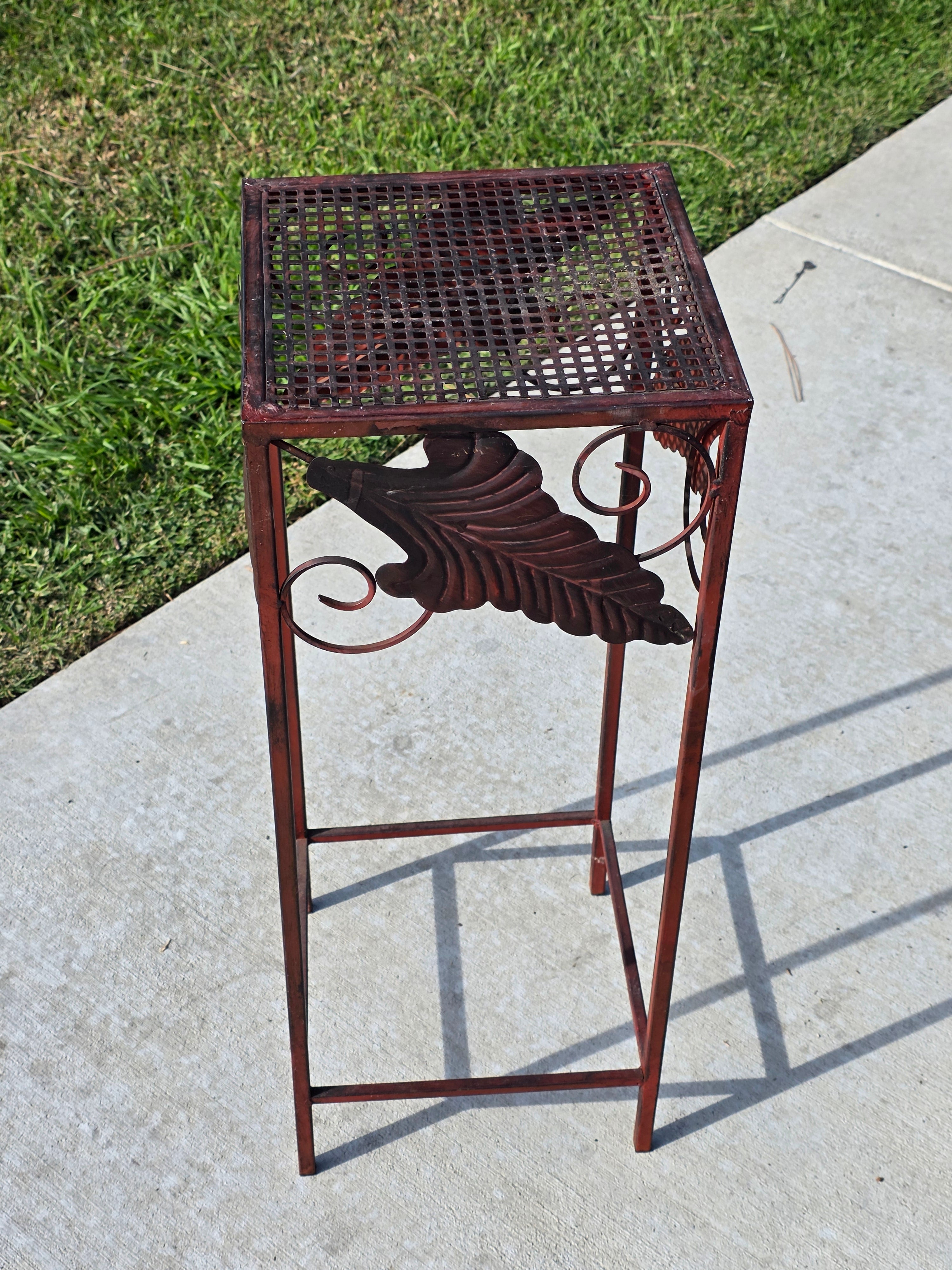 Vintage French Country Burgundy Iron Plant Stand with Large Leaf Accents