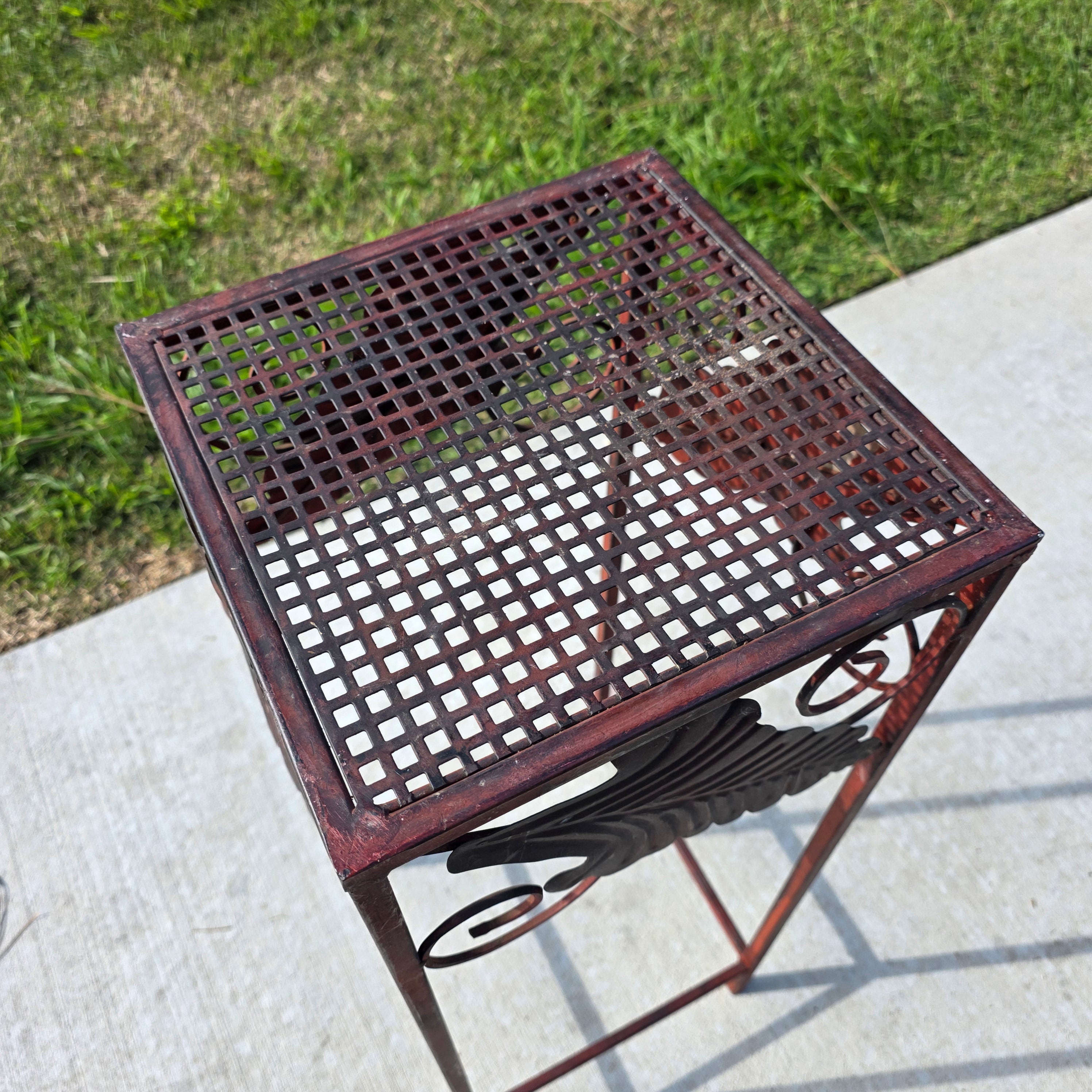 Vintage French Country Burgundy Iron Plant Stand with Large Leaf Accents