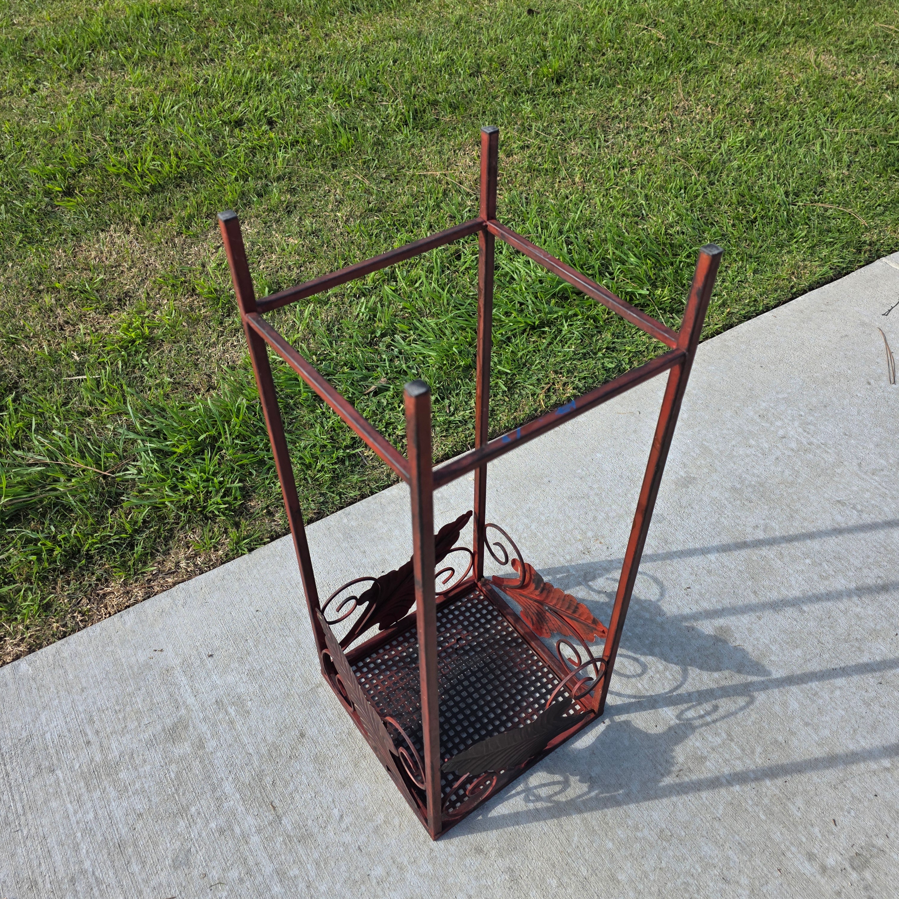 Vintage French Country Burgundy Iron Plant Stand with Large Leaf Accents