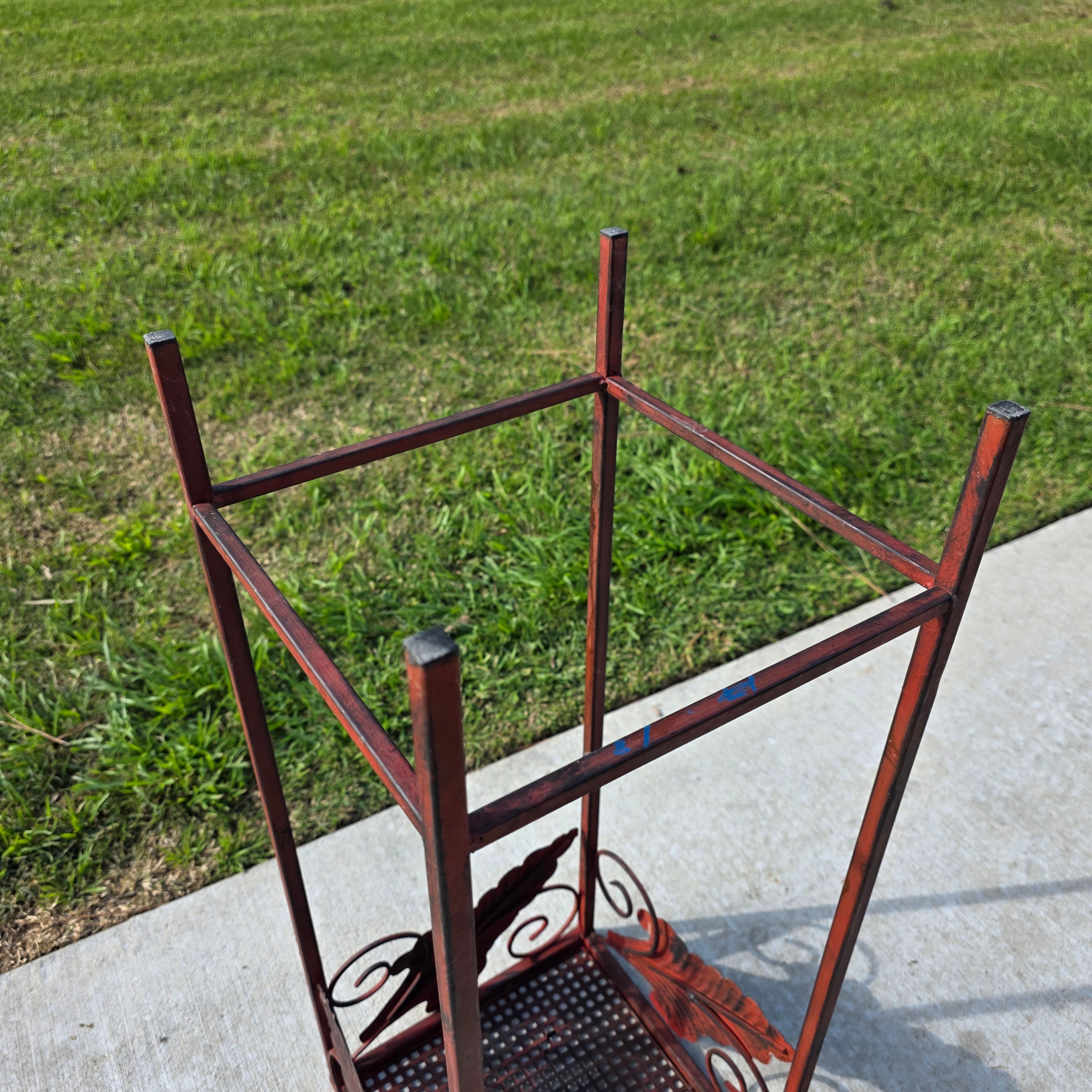 Vintage French Country Burgundy Iron Plant Stand with Large Leaf Accents