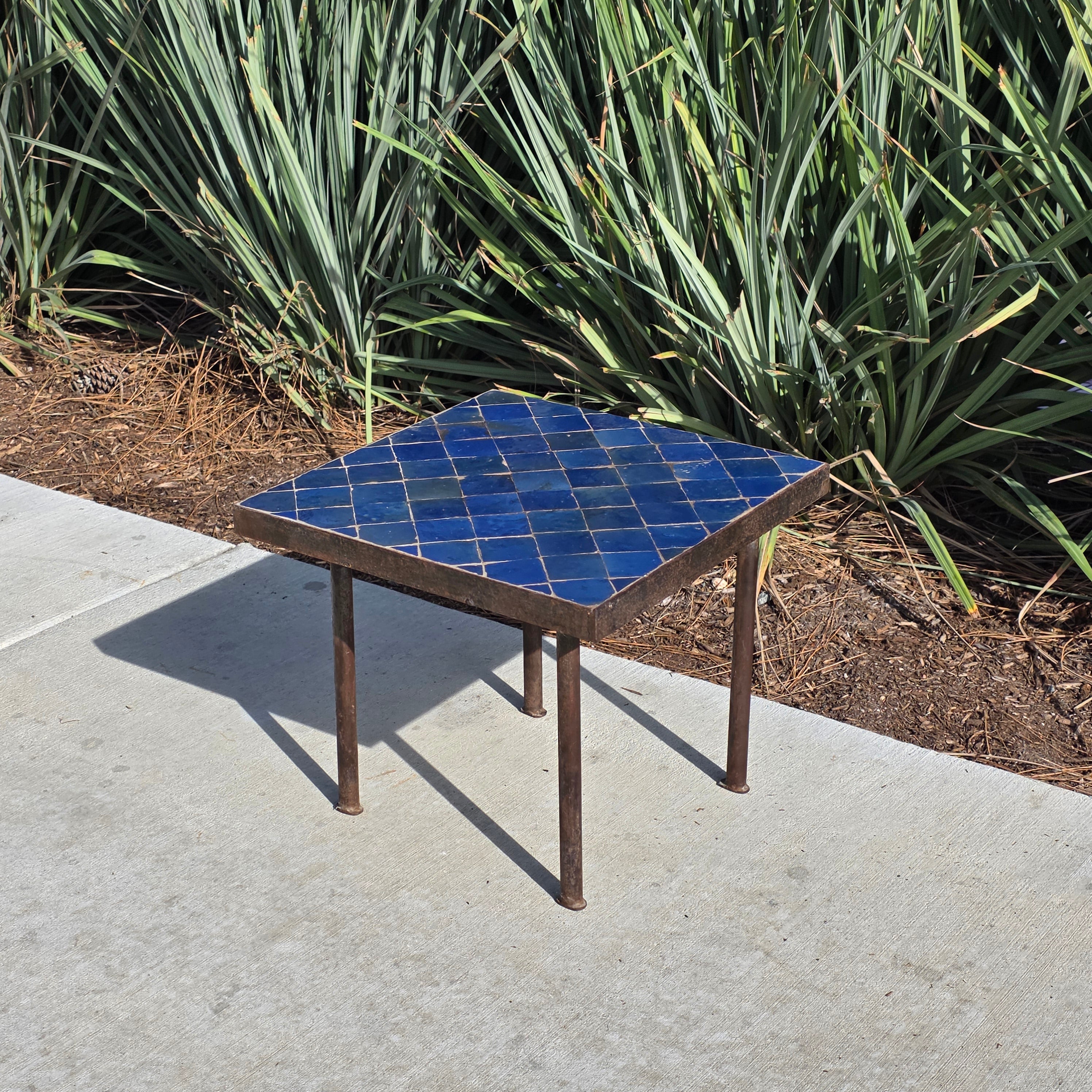 Vintage Custom Industrial Concrete & Tile Side Table with Wrought Iron Base