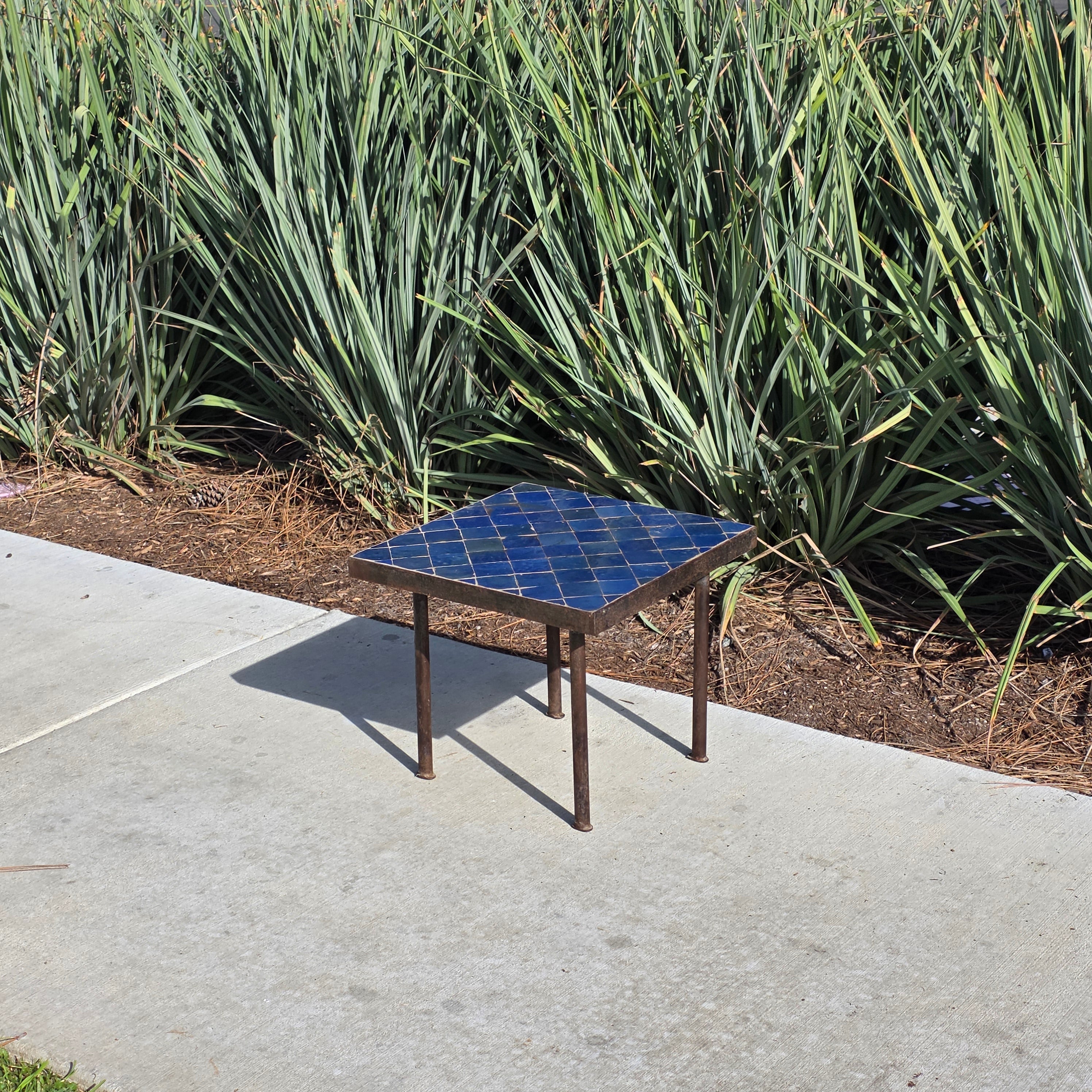 Vintage Custom Industrial Concrete & Tile Side Table with Wrought Iron Base