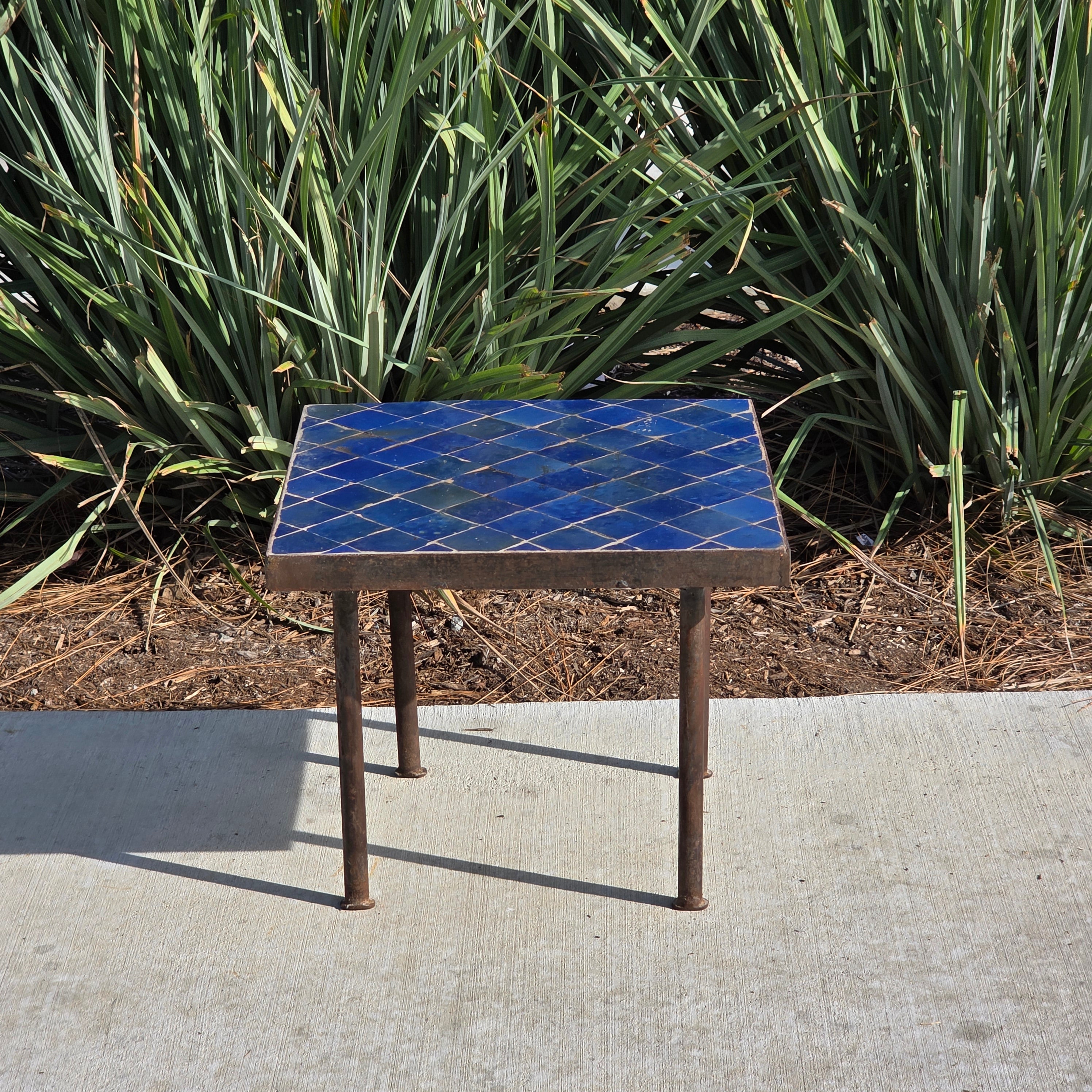 Vintage Custom Industrial Concrete & Tile Side Table with Wrought Iron Base