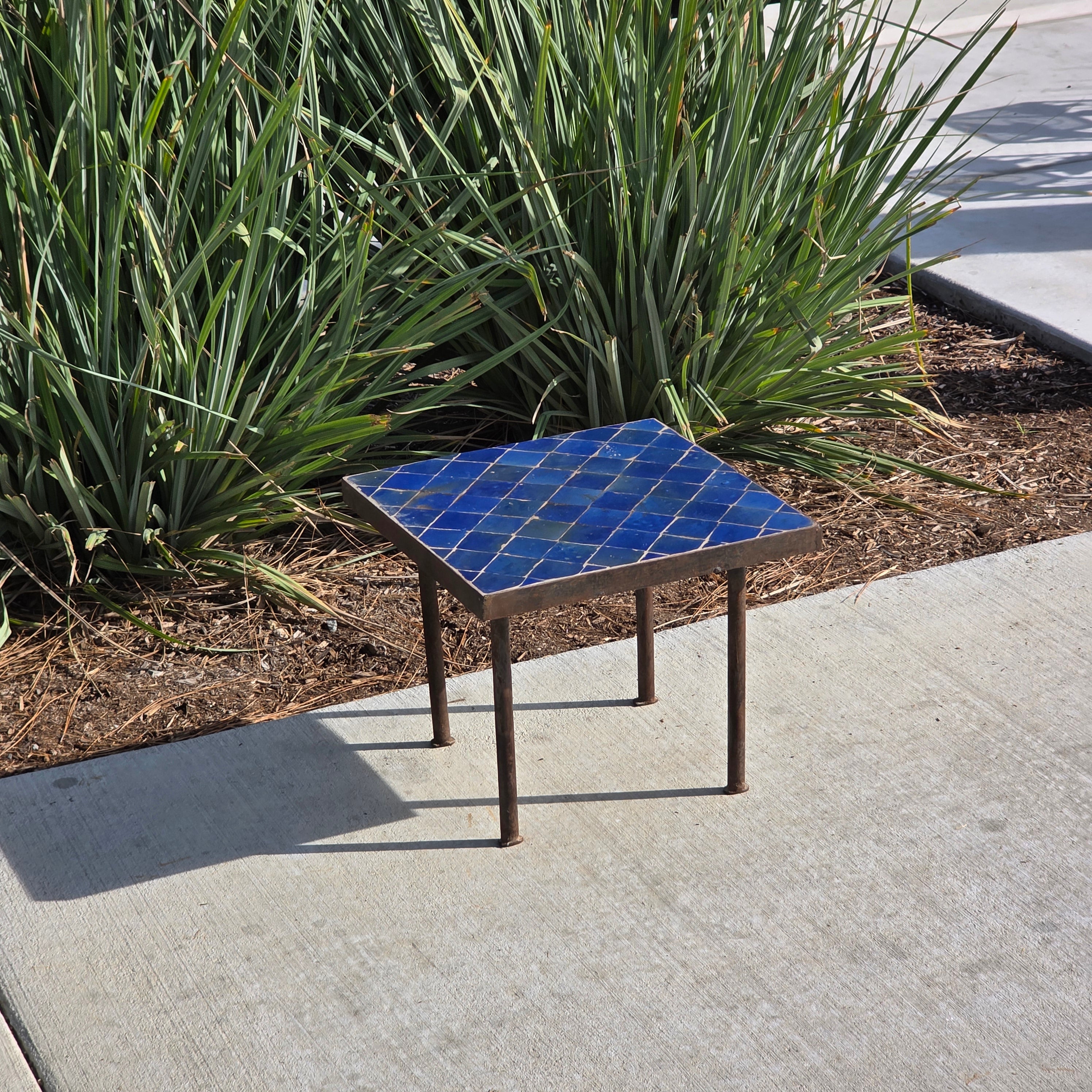 Vintage Custom Industrial Concrete & Tile Side Table with Wrought Iron Base