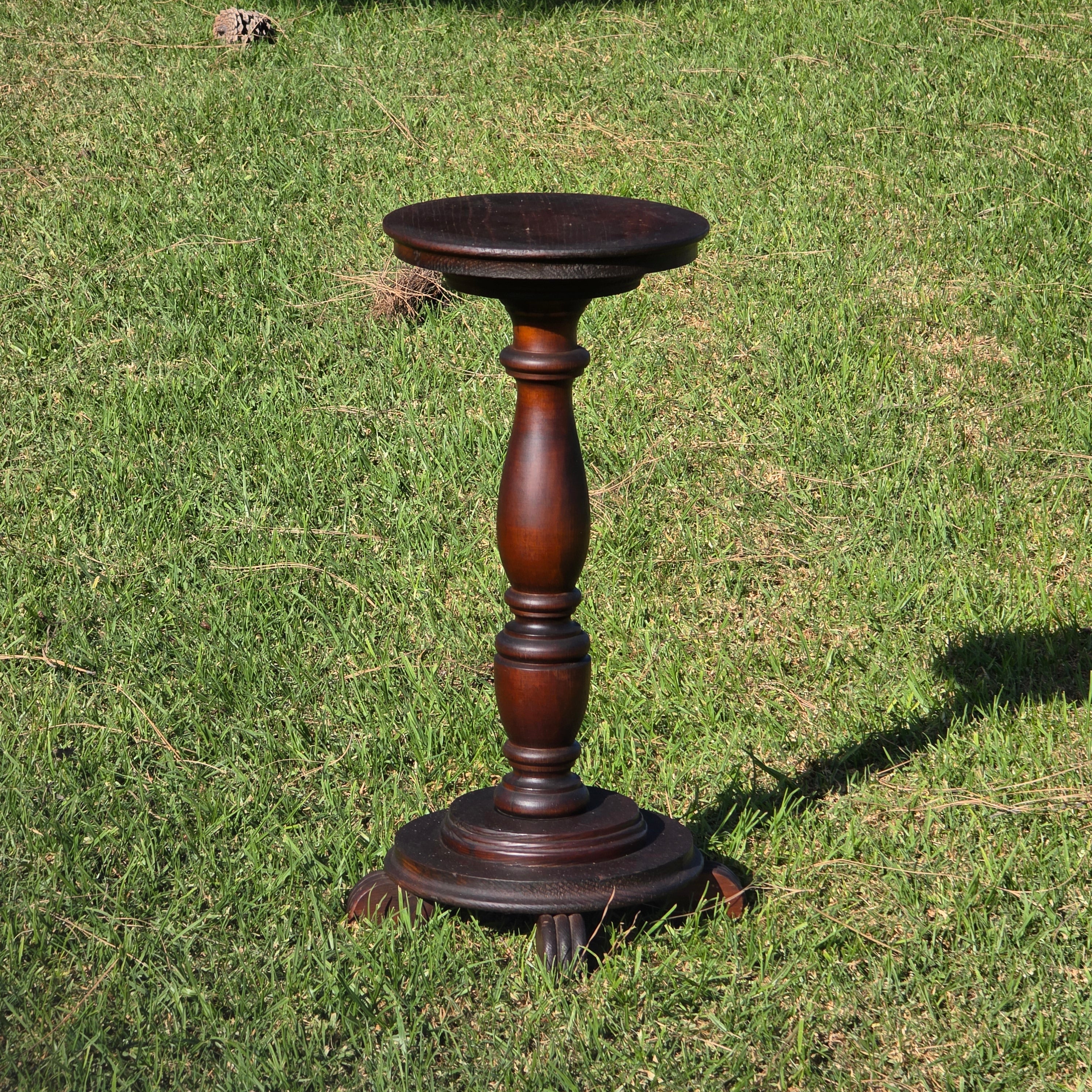 Vintage Round Pedestal Table / Spindle-Turned Stem & 4-Leg Plant Stand 25"H