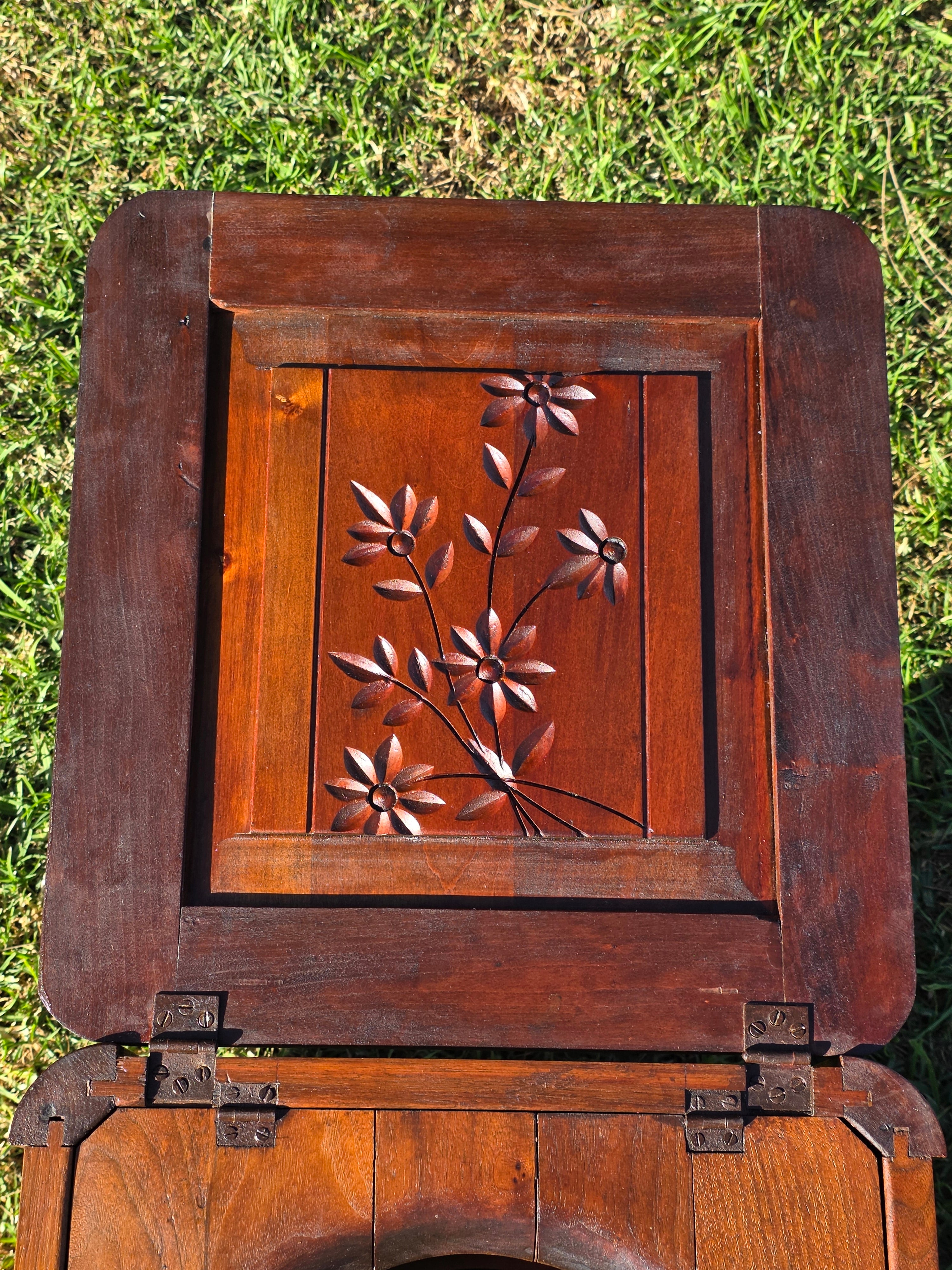 Antique Victorian Commode Box / Hidden Floral Carving & Ceramic Pot on Wheels