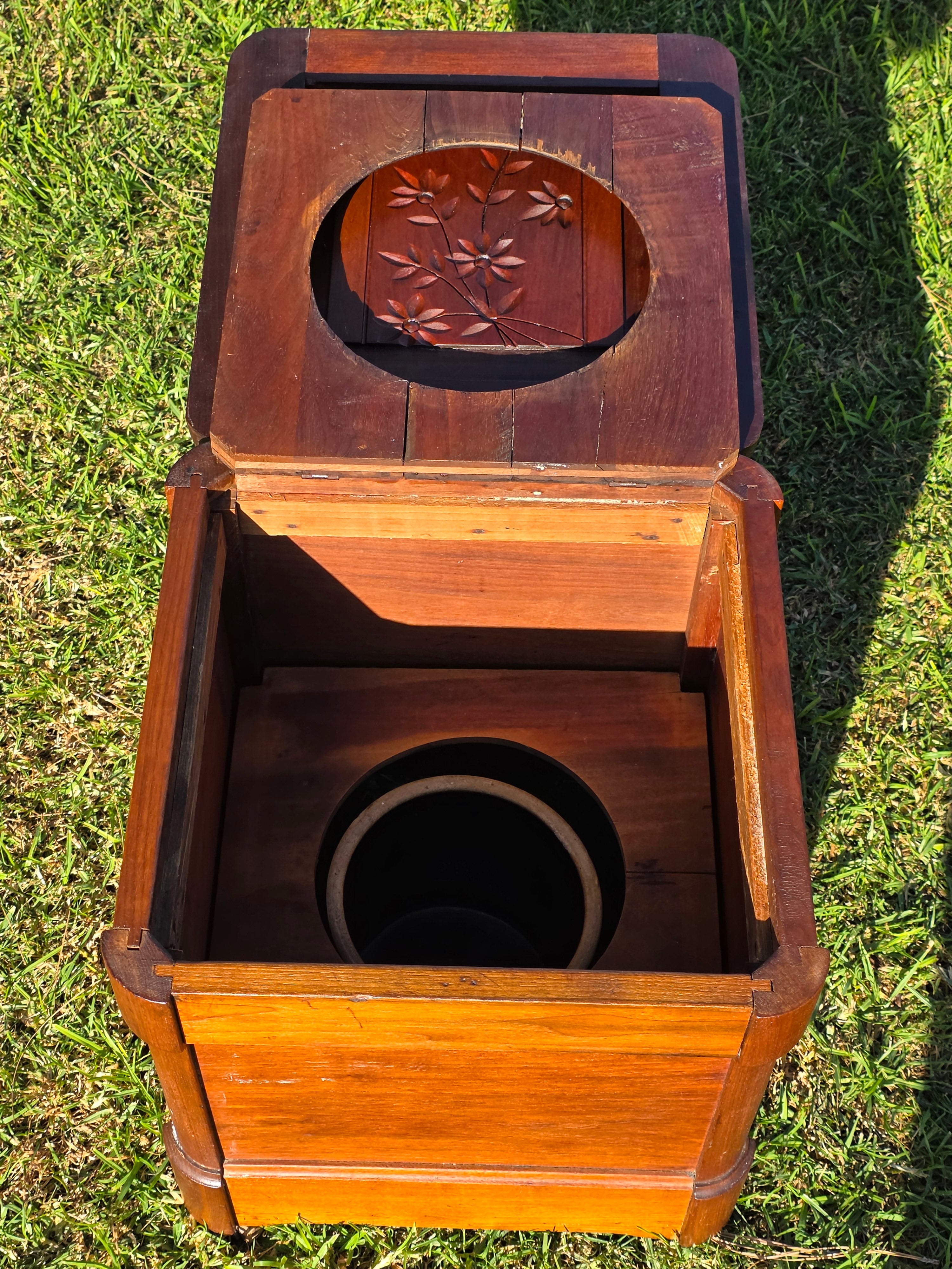 Antique Victorian Commode Box / Hidden Floral Carving & Ceramic Pot on Wheels