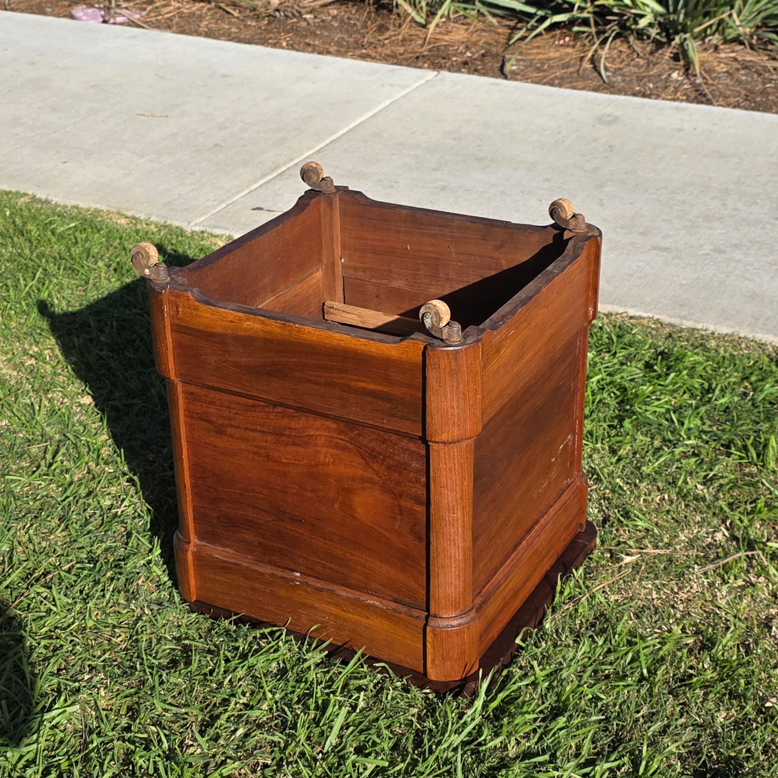 Antique Victorian Commode Box / Hidden Floral Carving & Ceramic Pot on Wheels