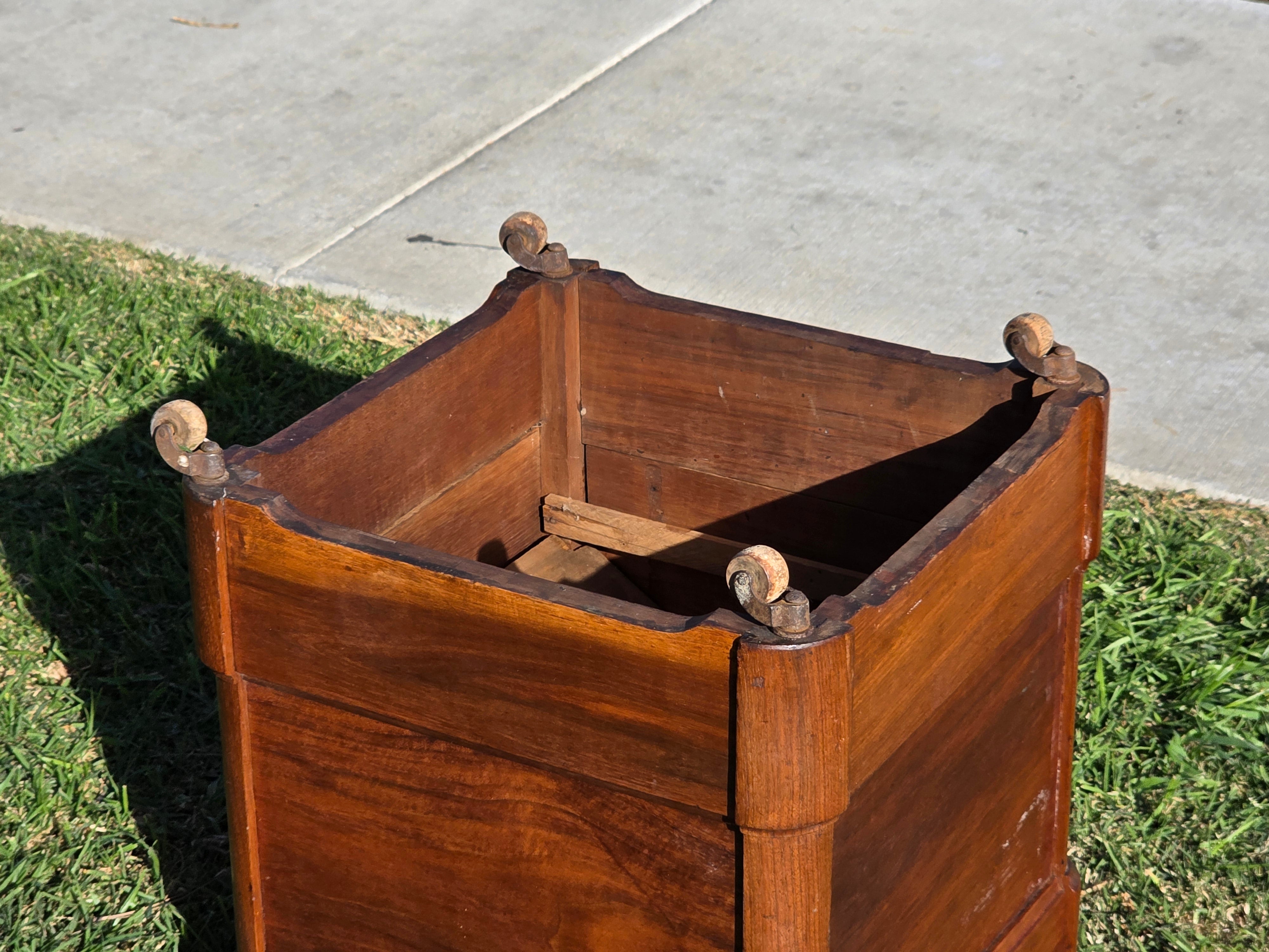 Antique Victorian Commode Box / Hidden Floral Carving & Ceramic Pot on Wheels