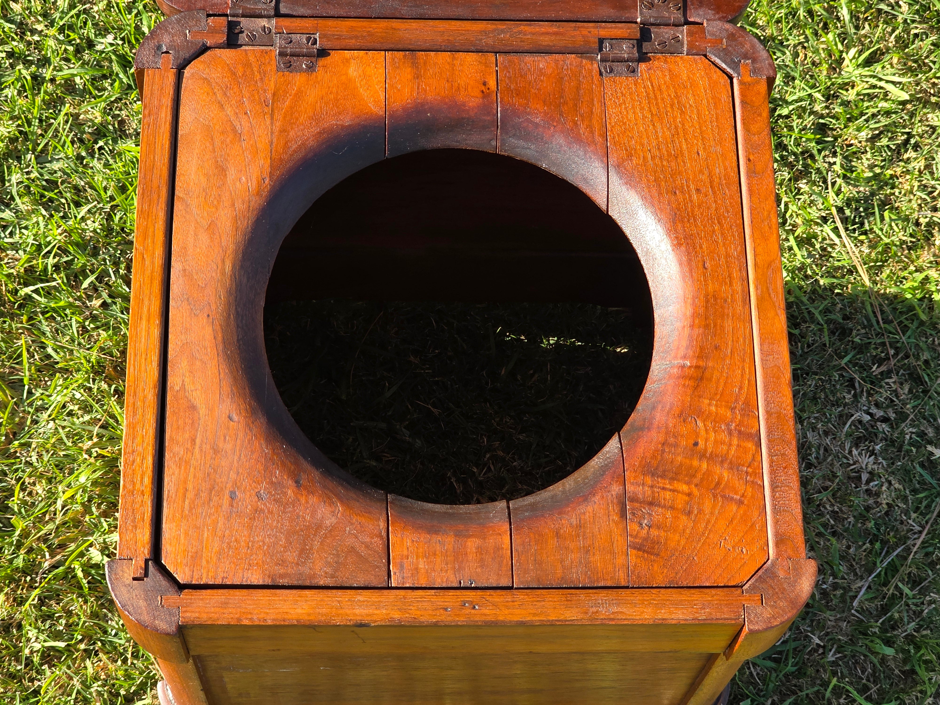 Antique Victorian Commode Box / Hidden Floral Carving & Ceramic Pot on Wheels