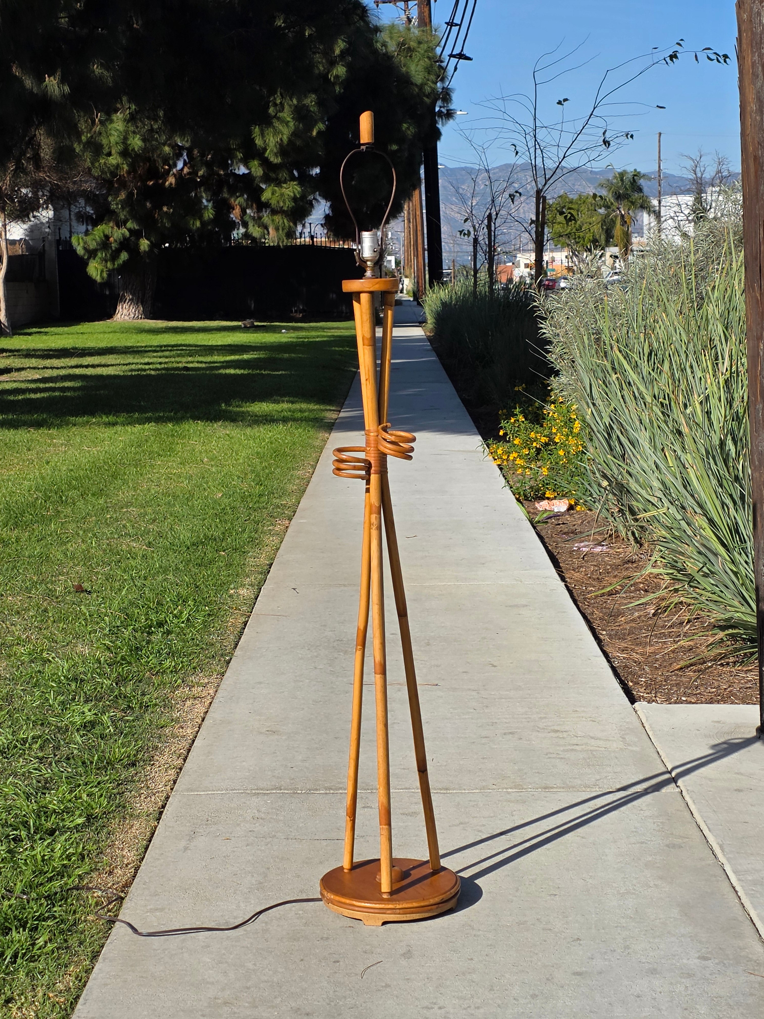 Vintage Mid-Century Modern Bamboo & Rattan Tripod Floor Lamp (1950s-60s)