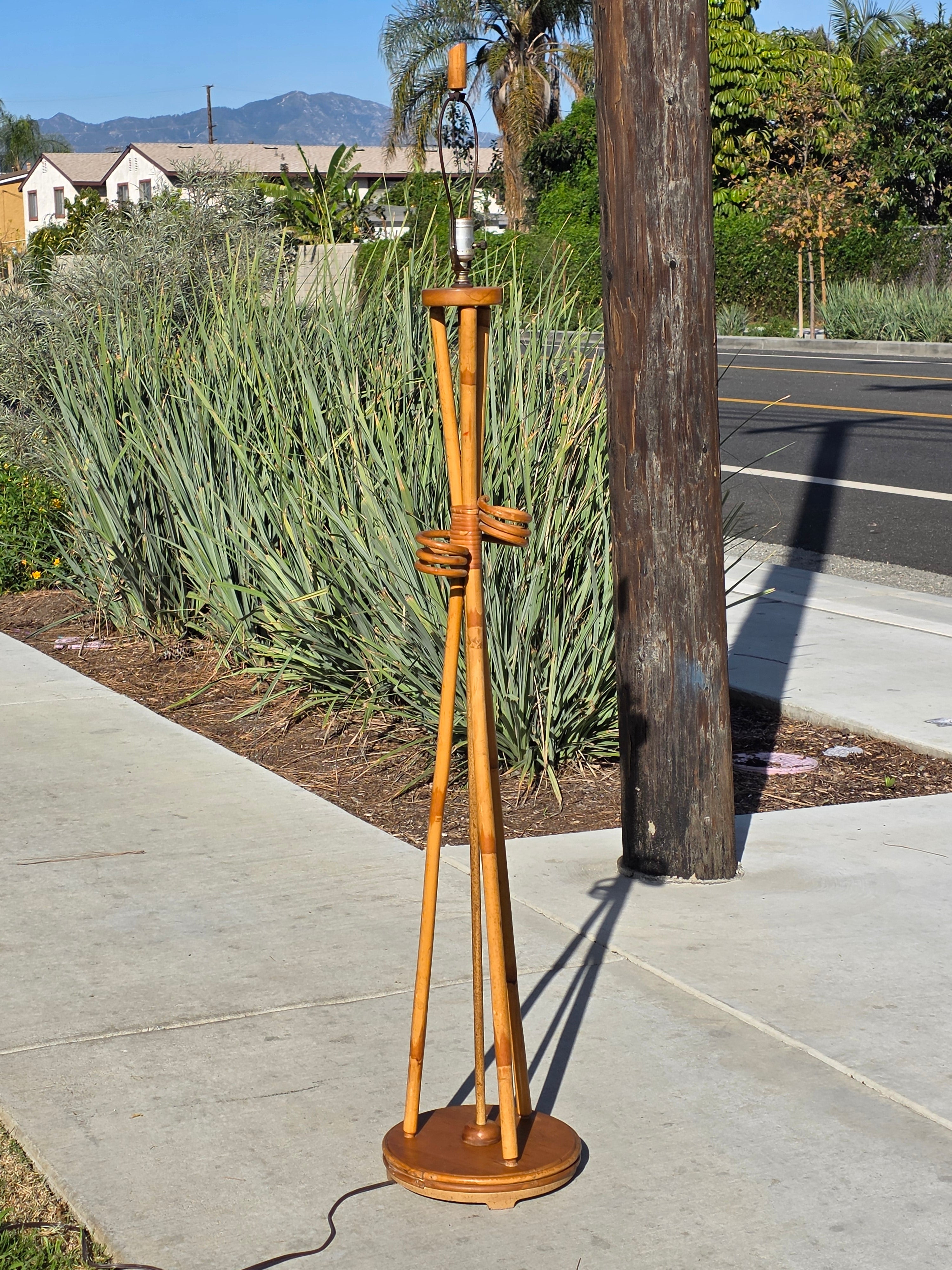 Vintage Mid-Century Modern Bamboo & Rattan Tripod Floor Lamp (1950s-60s)