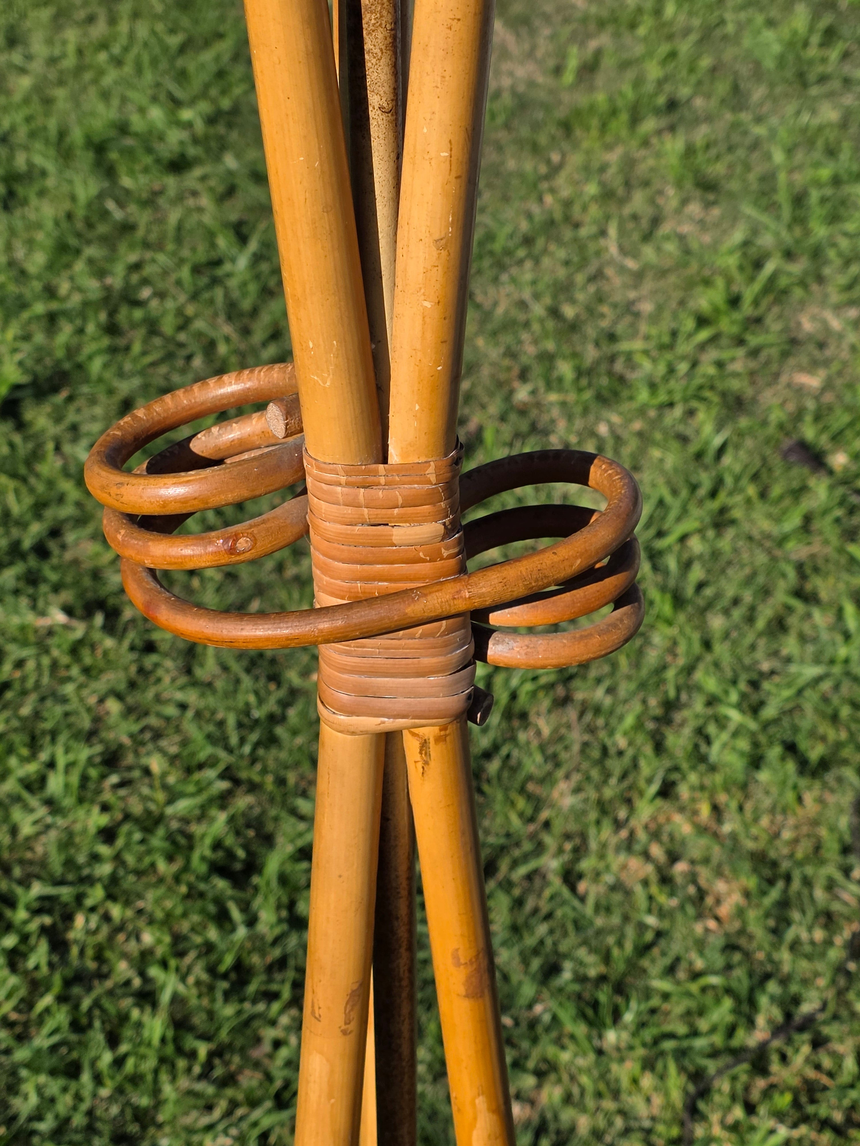 Vintage Mid-Century Modern Bamboo & Rattan Tripod Floor Lamp (1950s-60s)