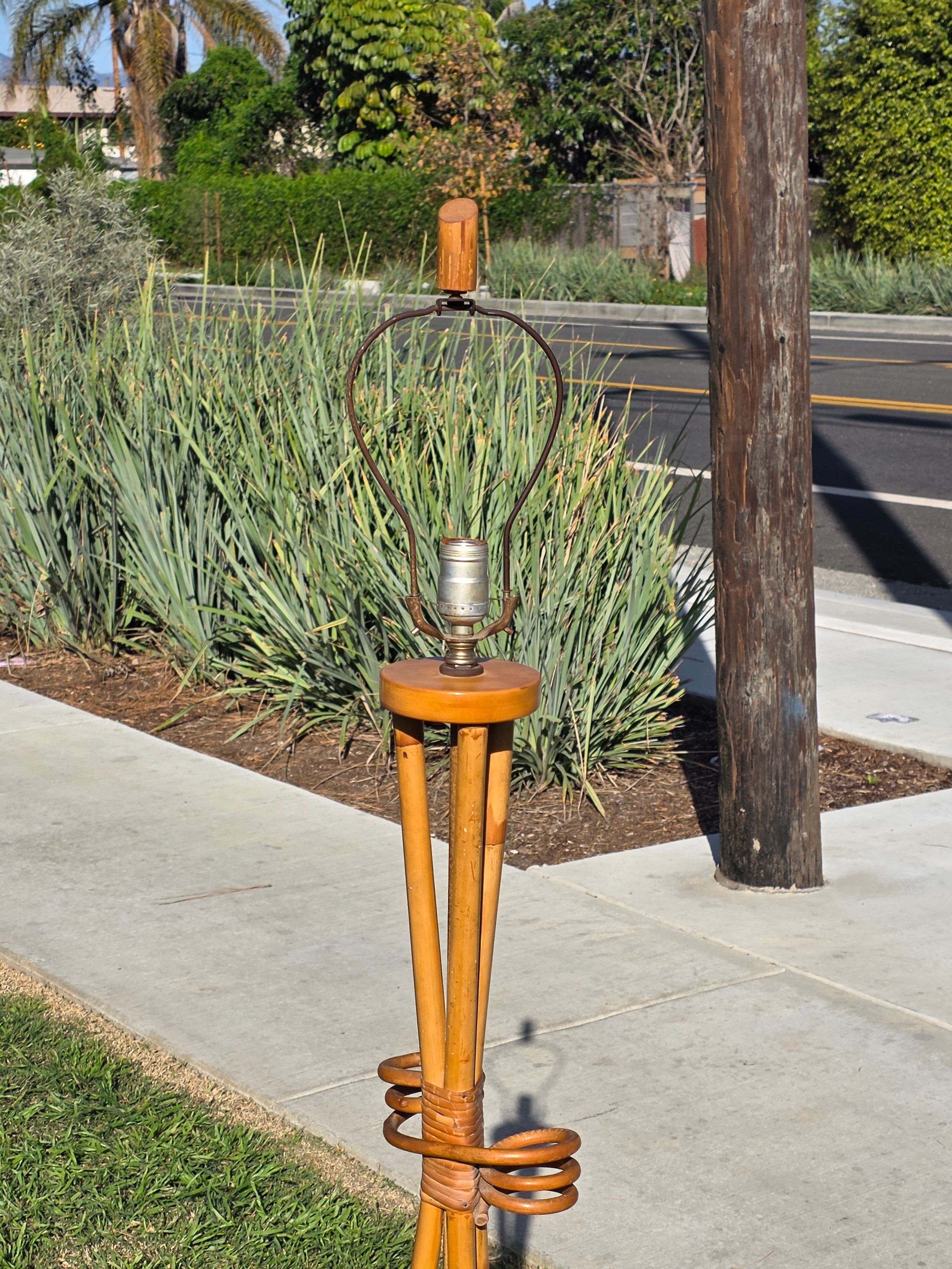 Vintage Mid-Century Modern Bamboo & Rattan Tripod Floor Lamp (1950s-60s)