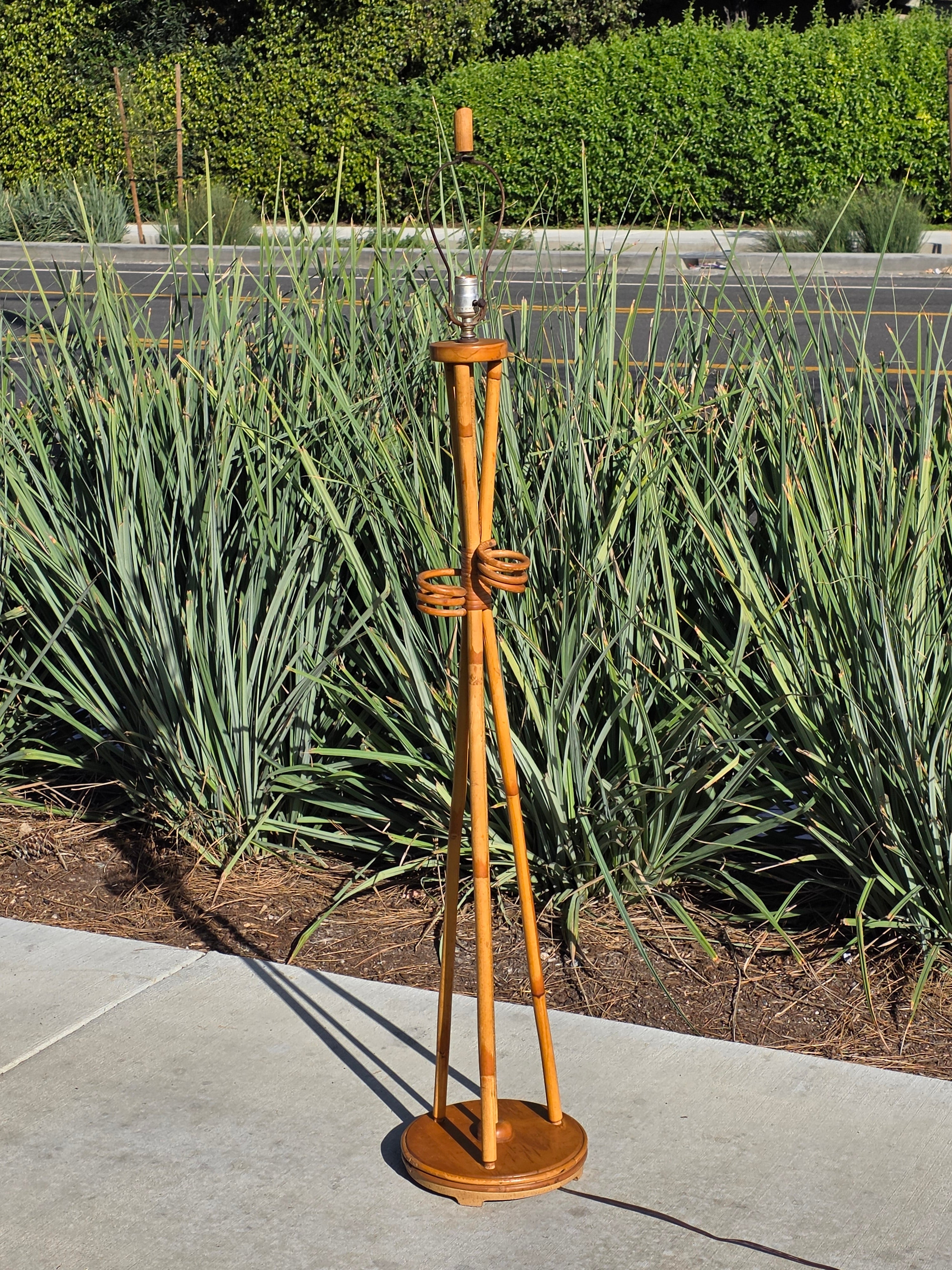 Vintage Mid-Century Modern Bamboo & Rattan Tripod Floor Lamp (1950s-60s)