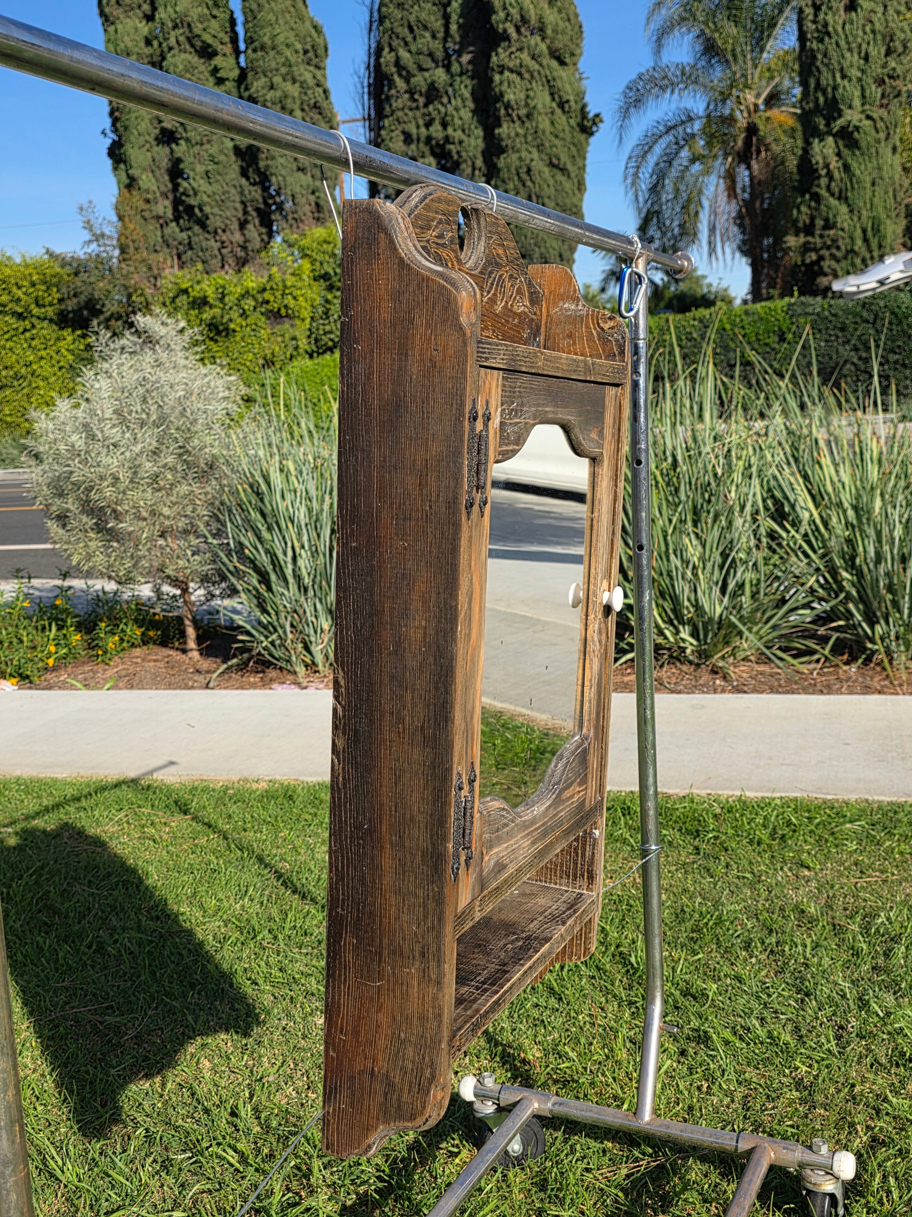 Vintage Mexican Rustic Pine Medicine Cabinet w/ Hand-Carved Leaf Detail