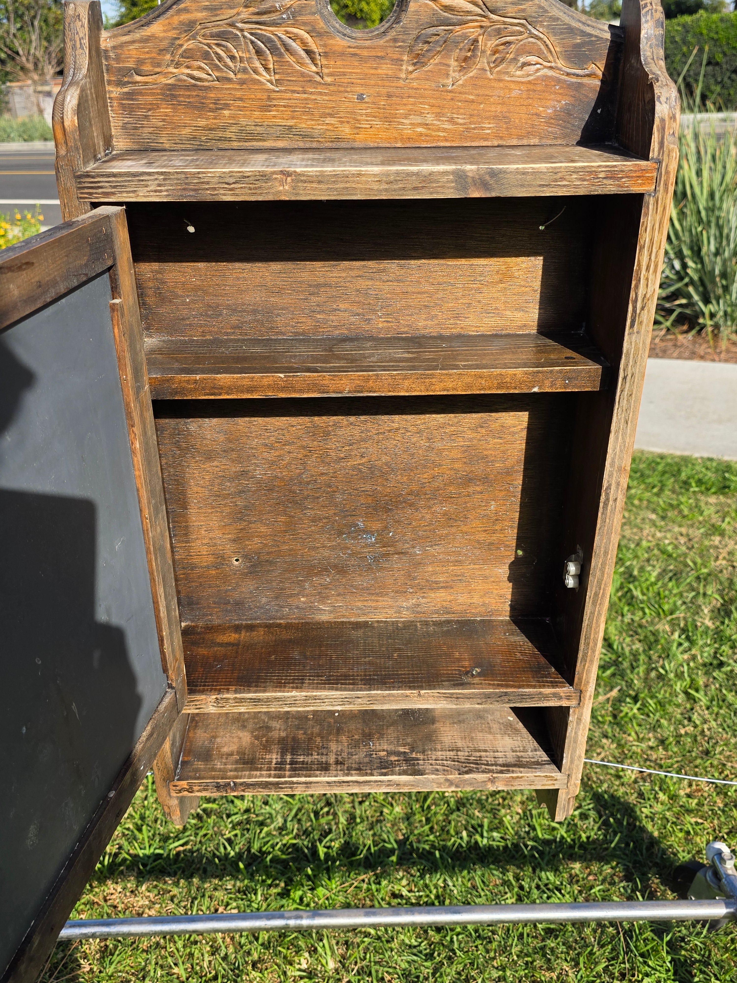 Vintage Mexican Rustic Pine Medicine Cabinet w/ Hand-Carved Leaf Detail