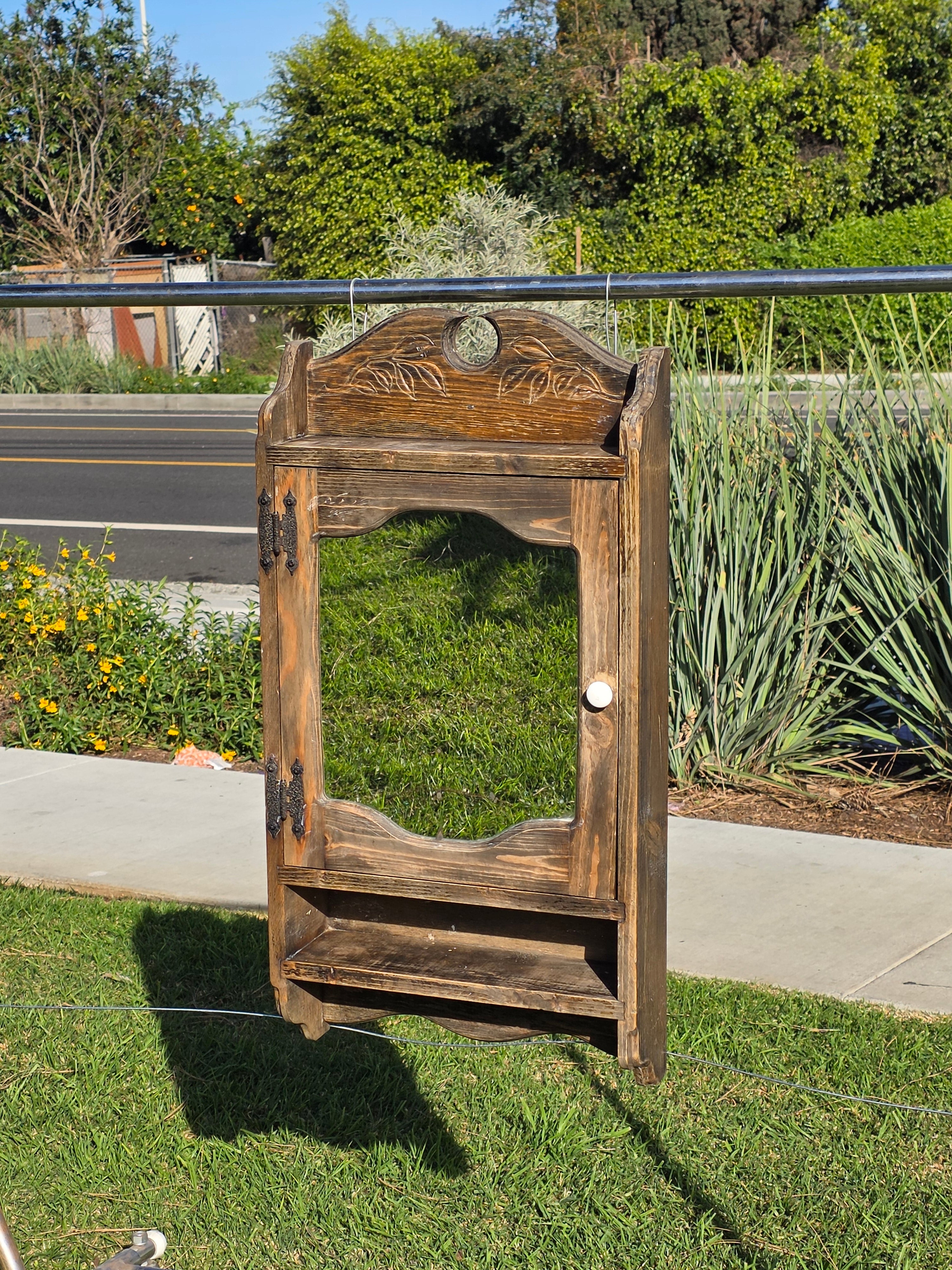 Vintage Mexican Rustic Pine Medicine Cabinet w/ Hand-Carved Leaf Detail