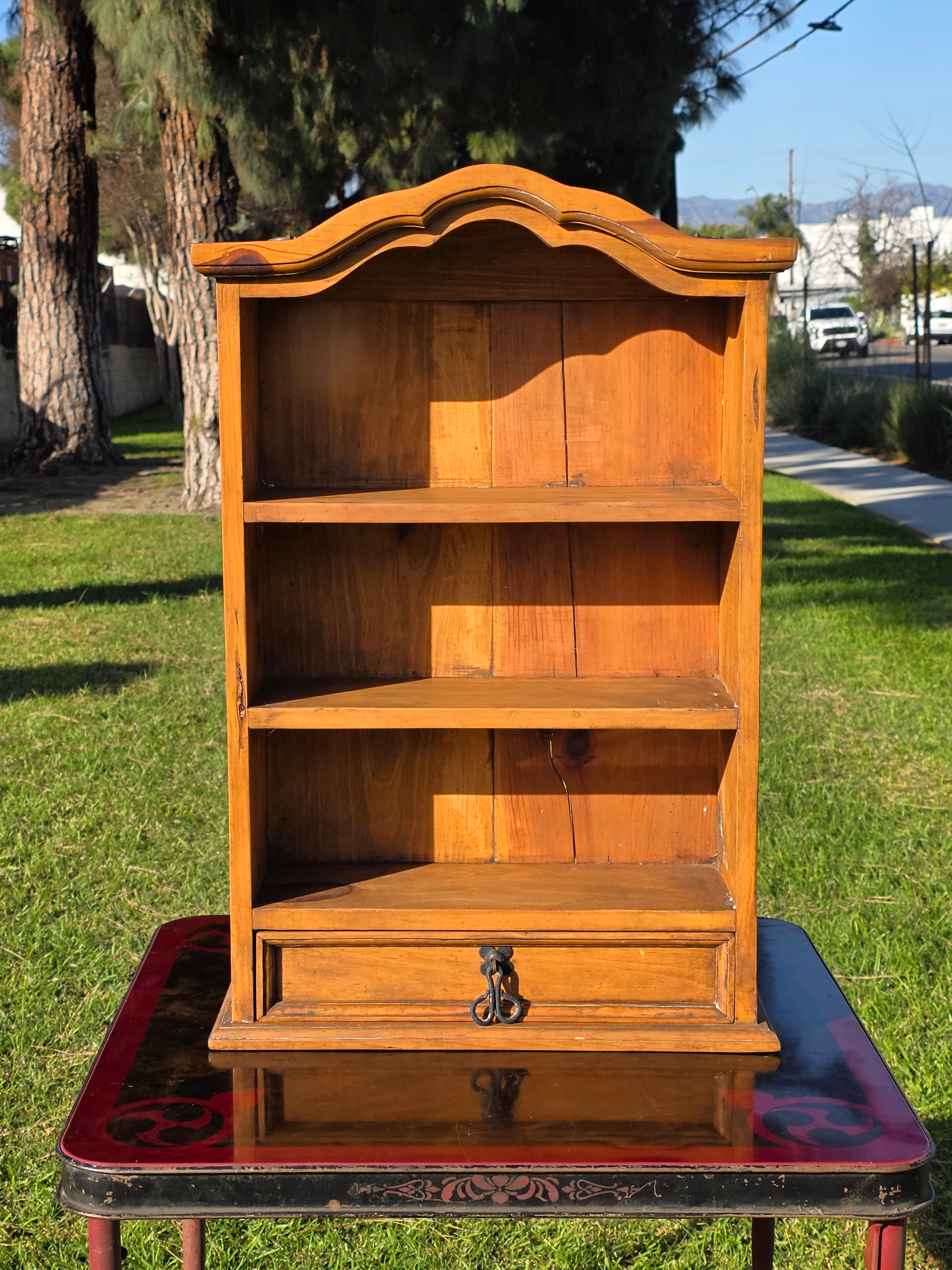Vintage Mexican Pine Bookcase / 4-Tier Wall Mounted Display Shelf w/ Drawer 32"H