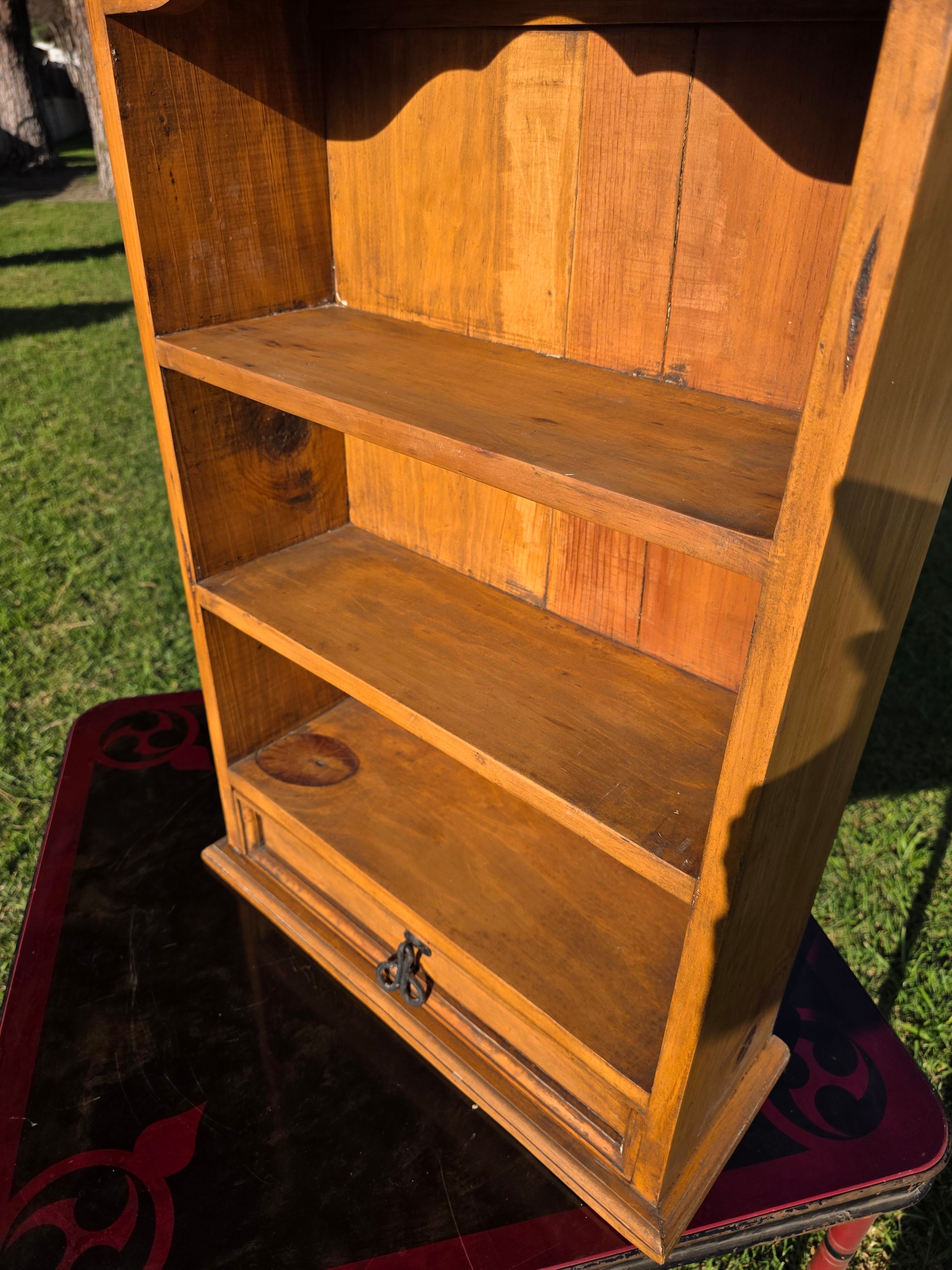 Vintage Mexican Pine Bookcase / 4-Tier Wall Mounted Display Shelf w/ Drawer 32"H