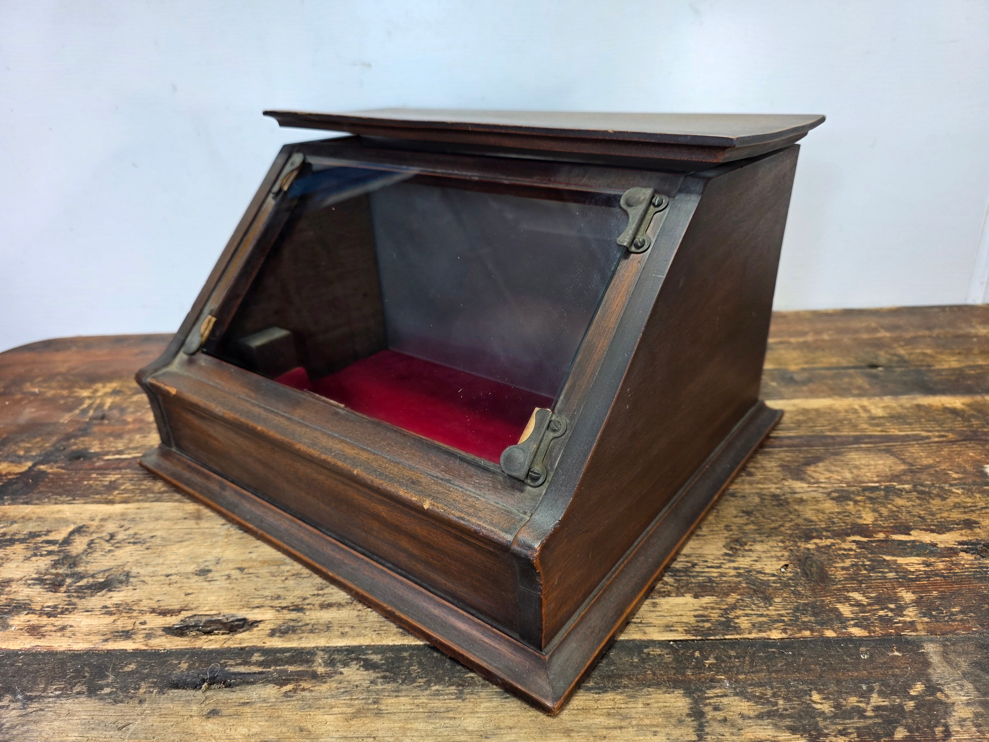 Antique Country Store Wood Countertop Showcase w/ Frosted Glass Jewelry Display