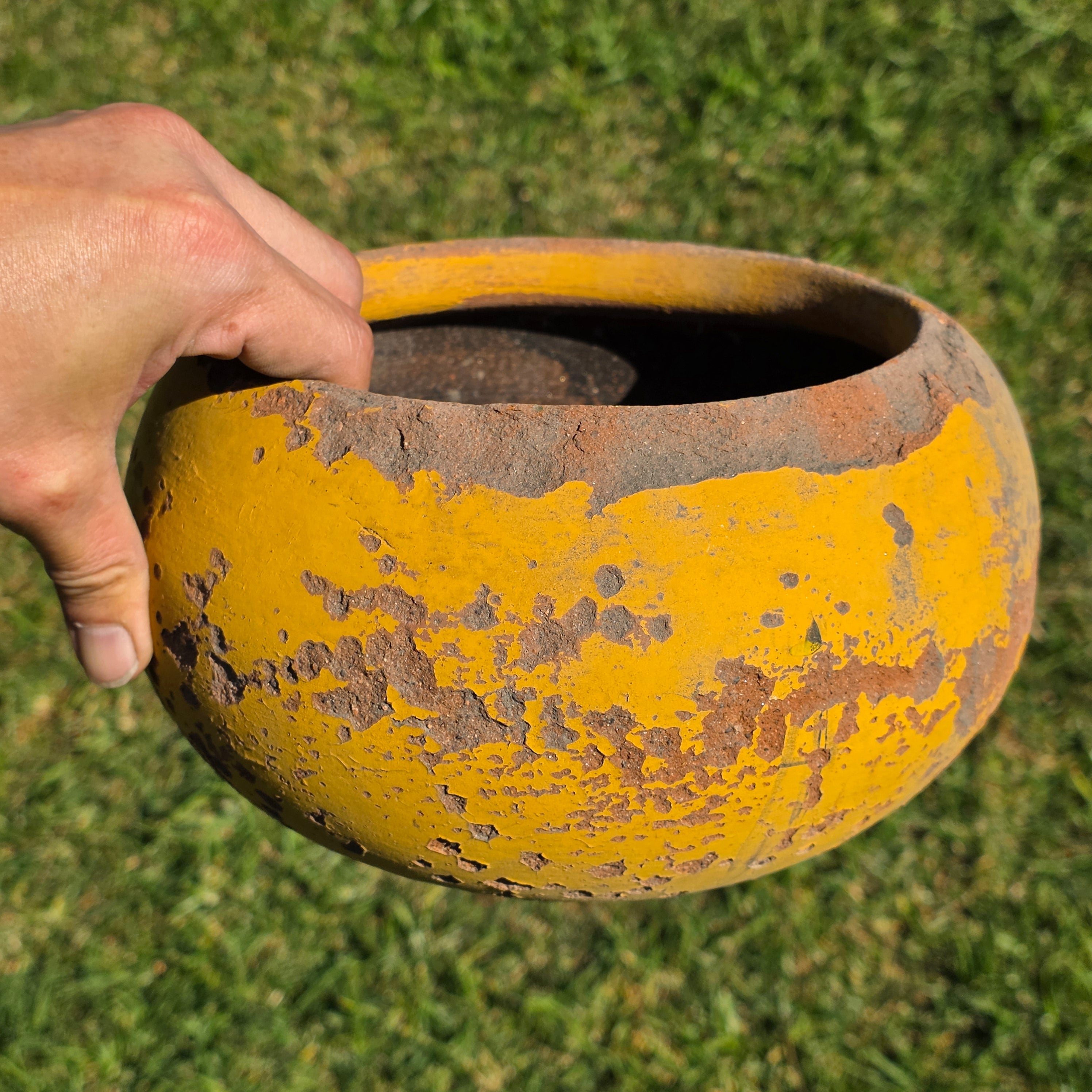Vintage Spherical Yellow Terracotta Planter - Rustic Round Garden Pot 8.5"Dia