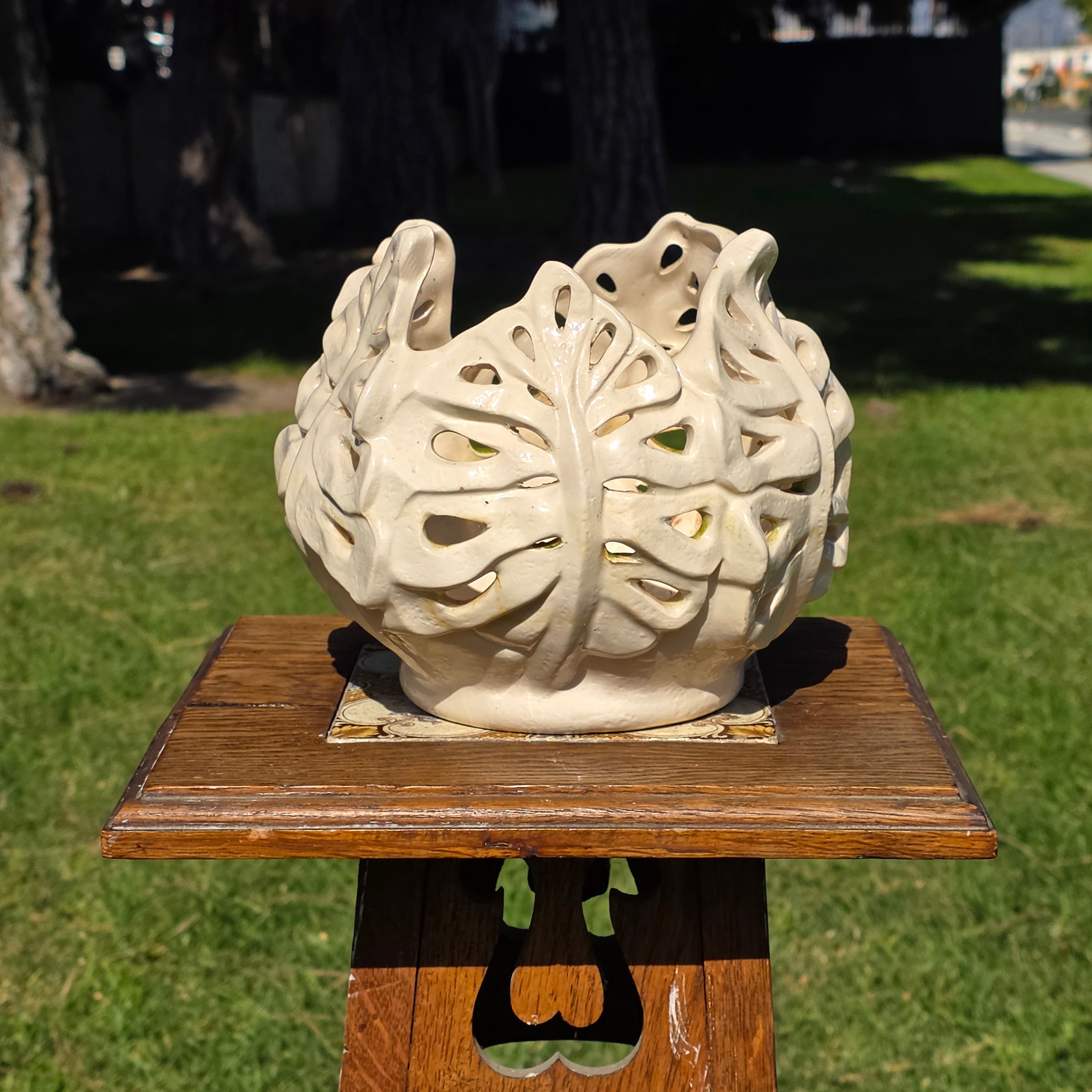 Handmade Studio Art Pottery Oak Leaf Cut-Out Lantern & Planter - Signed Maria 09