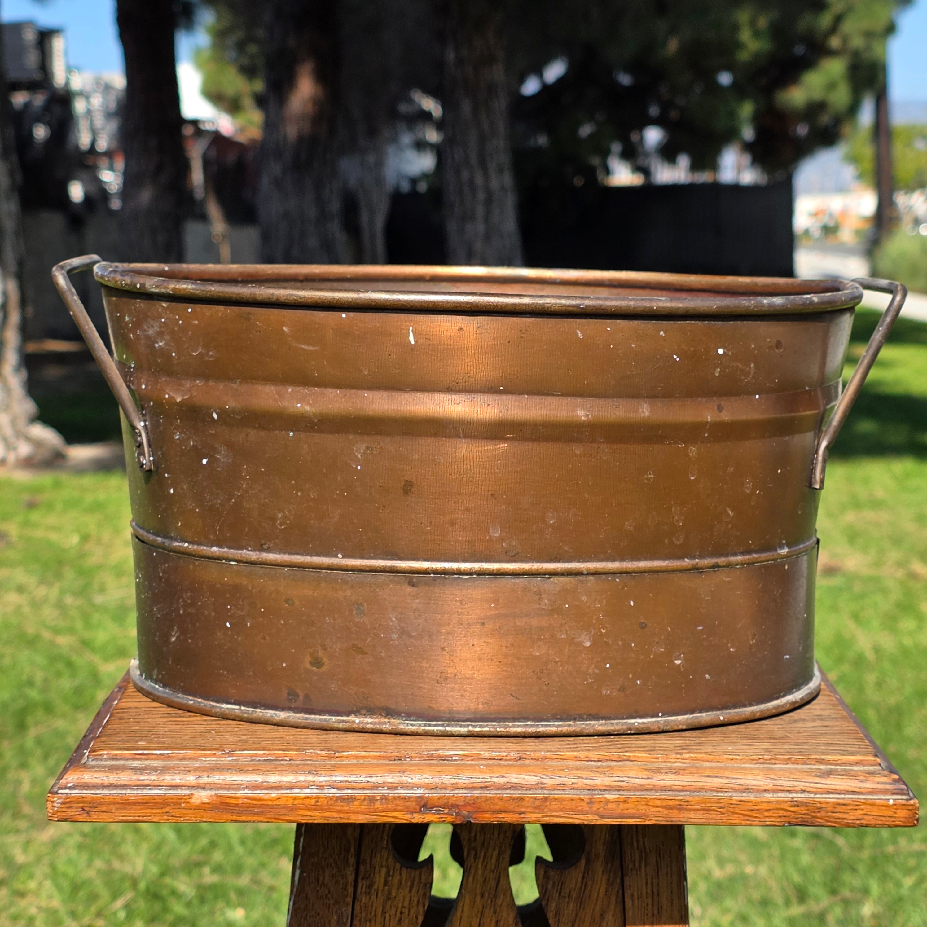 Vintage Style Copper-Finished Oval Metal Basket with Handles - Made in India