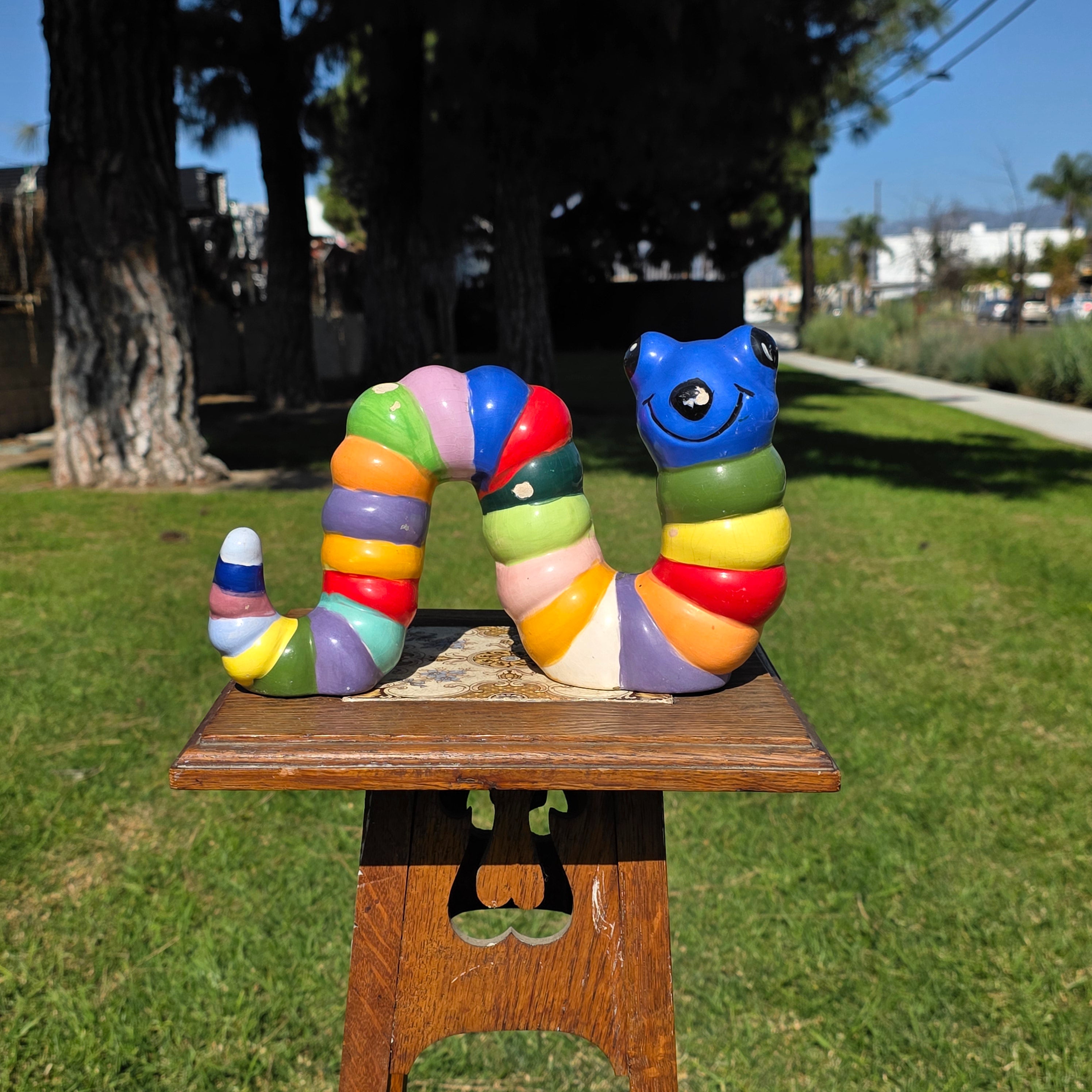 Vintage Rainbow Ceramic Caterpillar Figurine - Multi-Colored Garden Decor