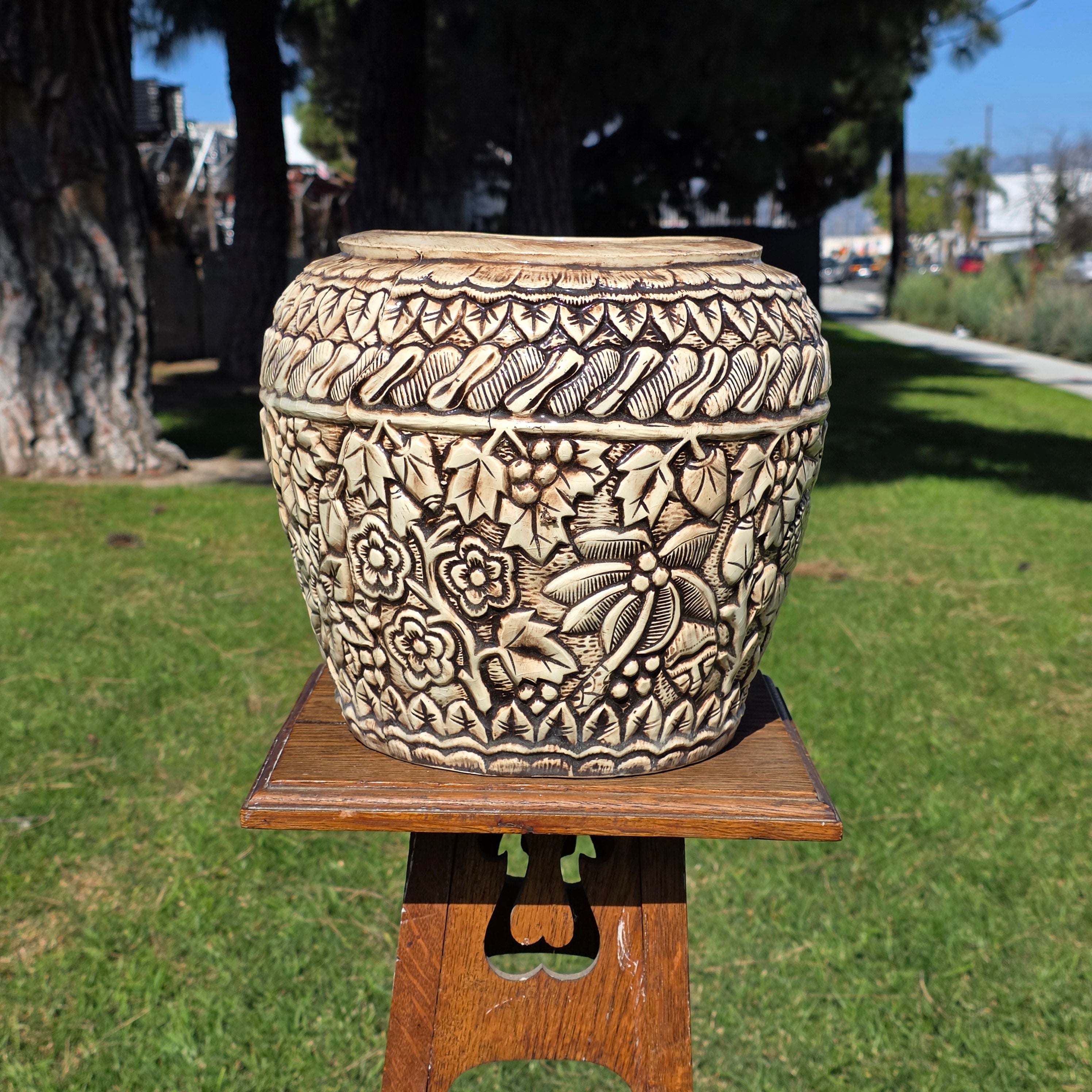 Vintage Tiki Style Ceramic Planter with Lovers' Kiss & Tropical Relief 10"H