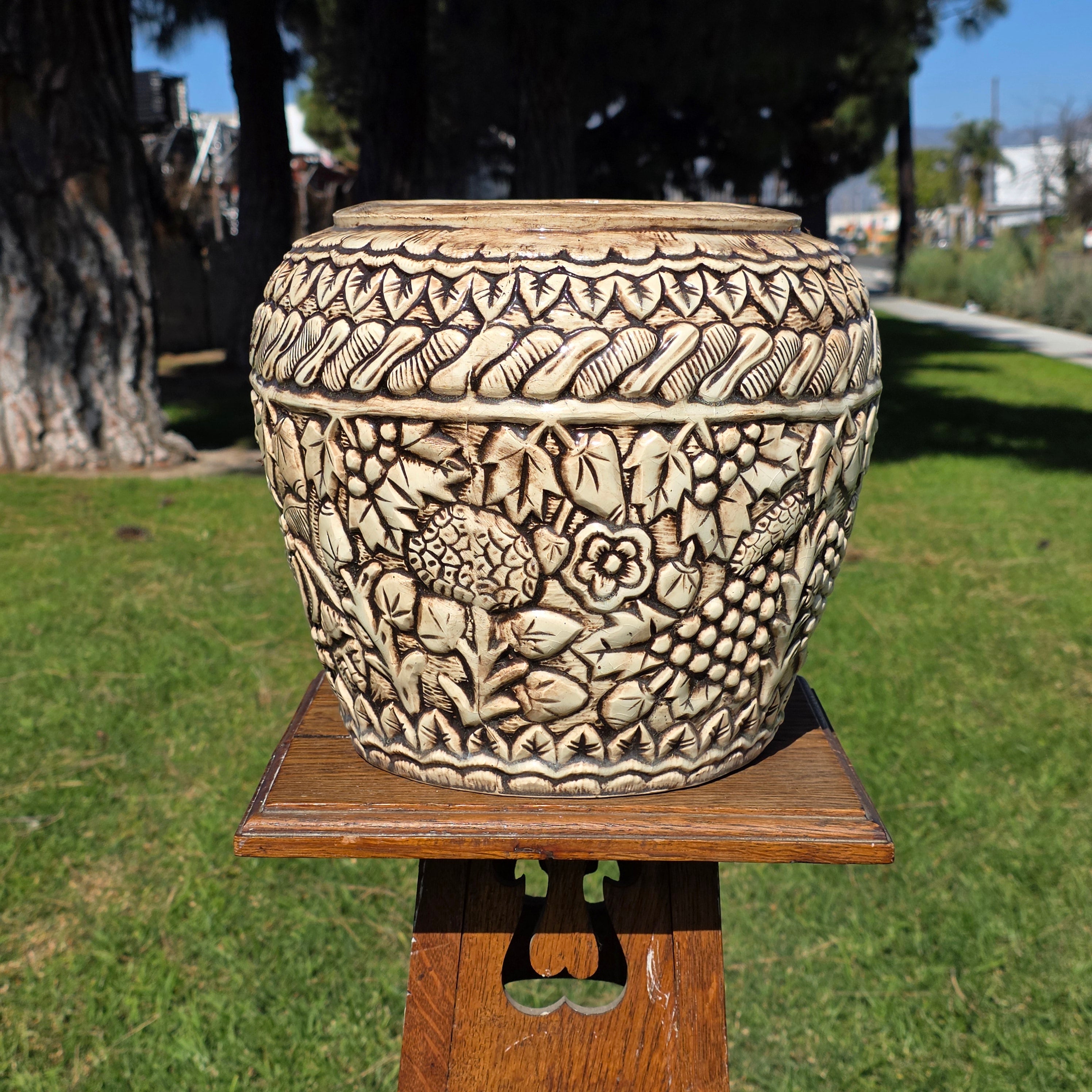 Vintage Tiki Style Ceramic Planter with Lovers' Kiss & Tropical Relief 10"H