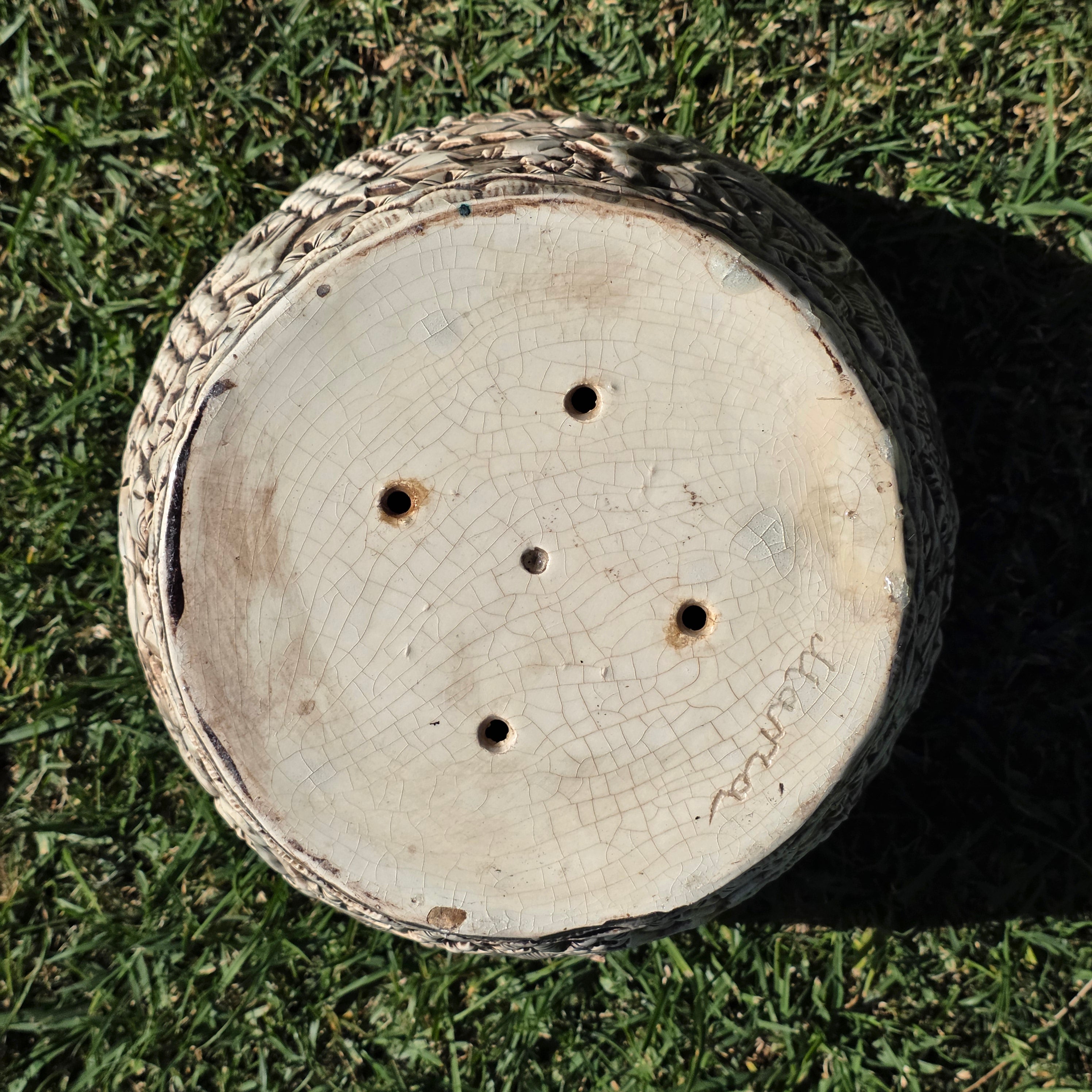 Vintage Tiki Style Ceramic Planter with Lovers' Kiss & Tropical Relief 10"H