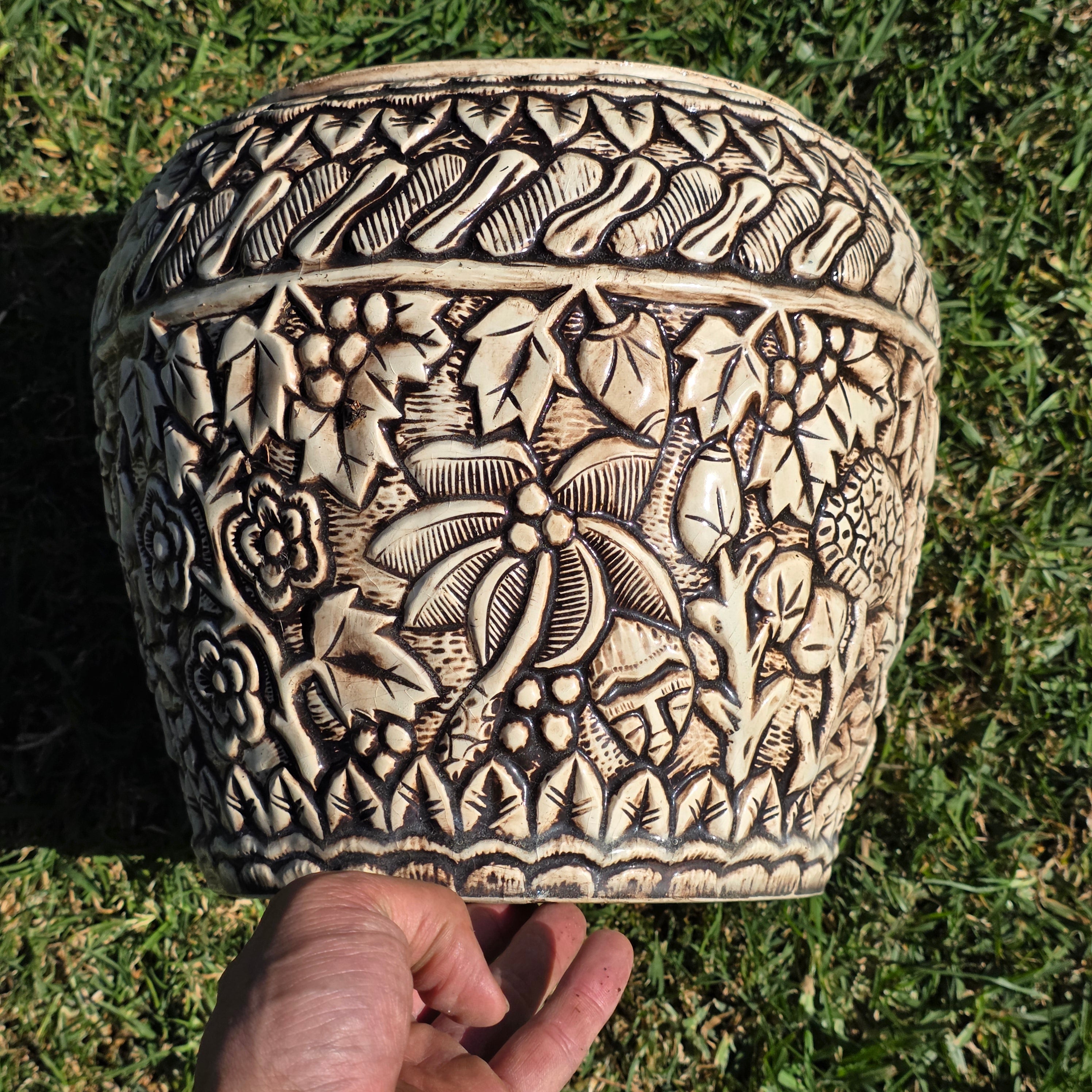 Vintage Tiki Style Ceramic Planter with Lovers' Kiss & Tropical Relief 10"H